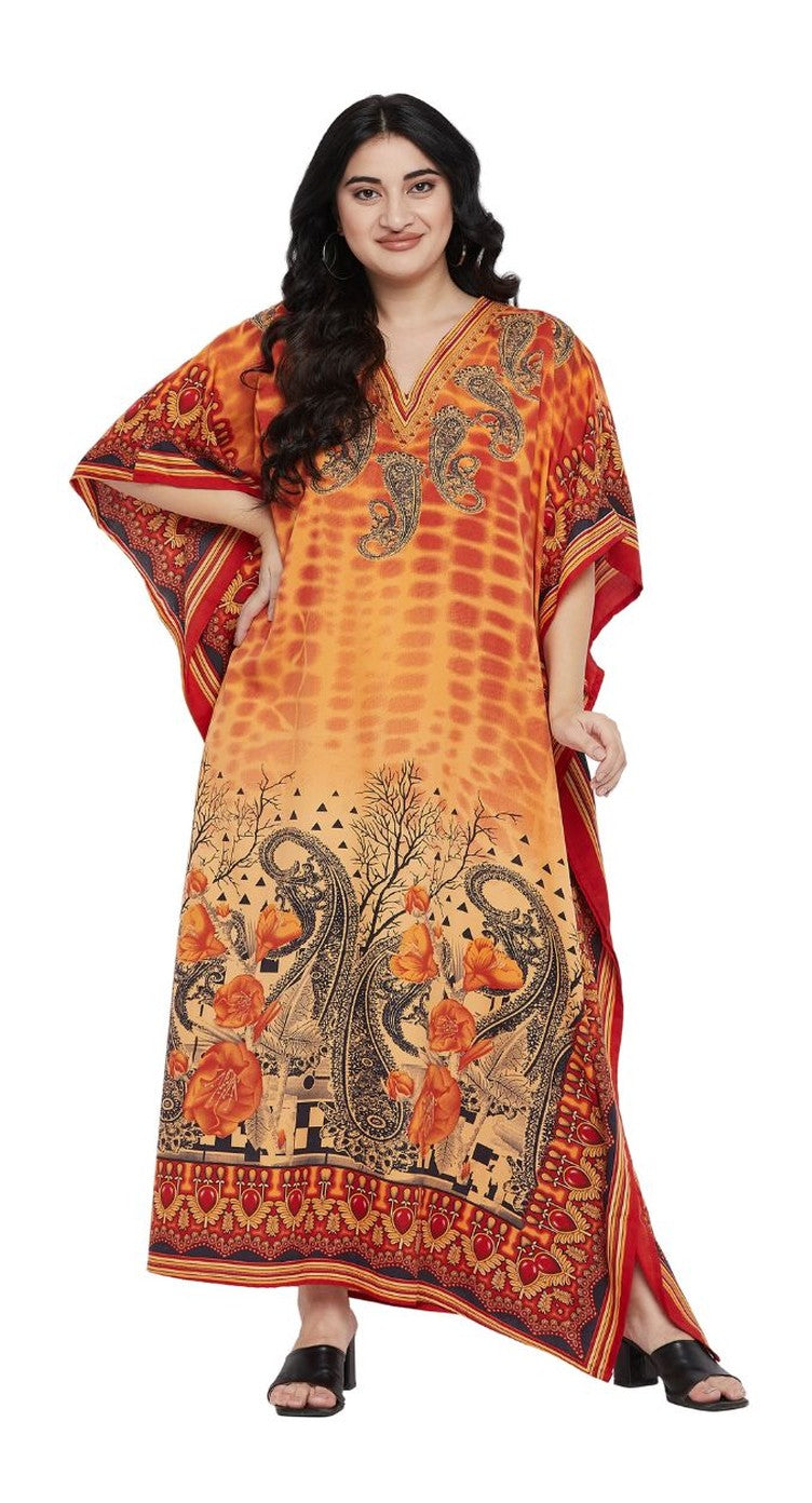 Orange and rust tie-dye paisley border print polyester plus size kaftan with V-neck