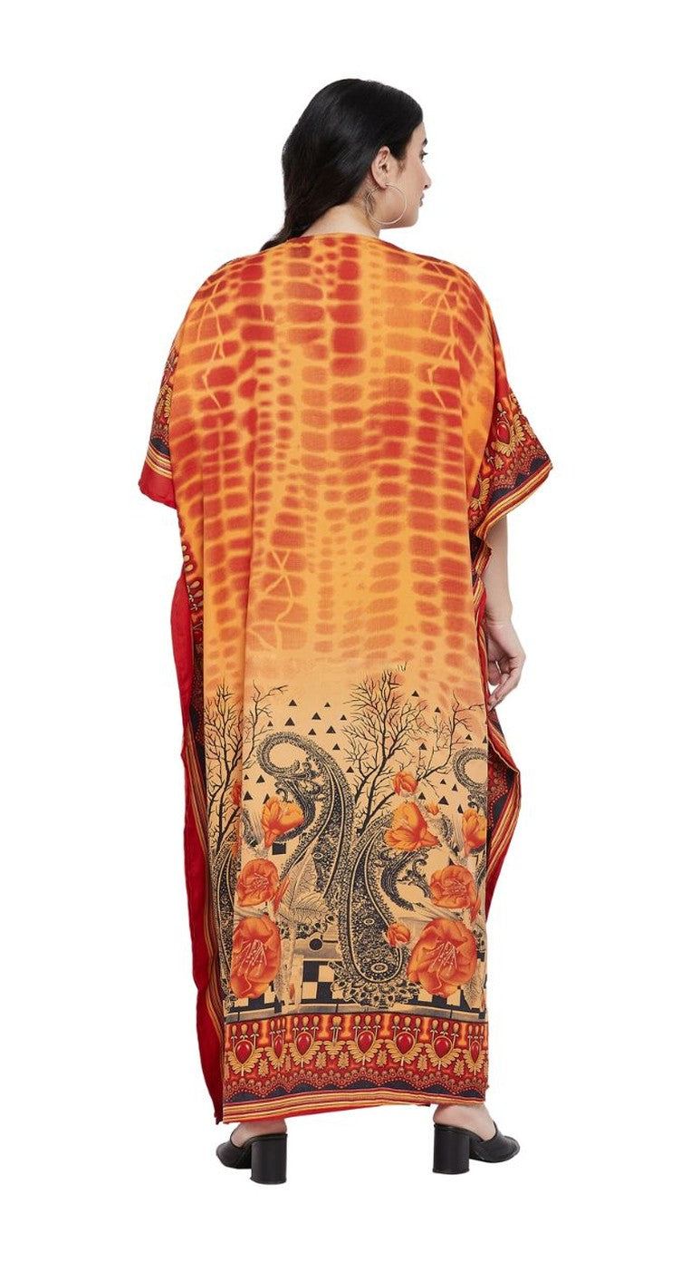 Orange and rust tie-dye paisley border print polyester plus size kaftan with V-neck — extra view