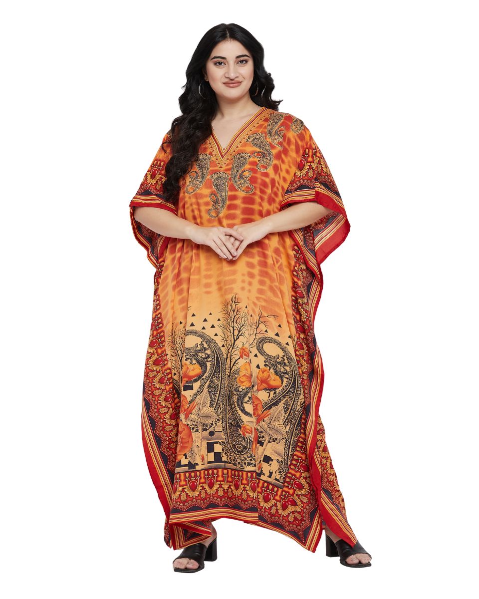 Paisley Printed Orange Plus Size Polyester Kaftan For Women