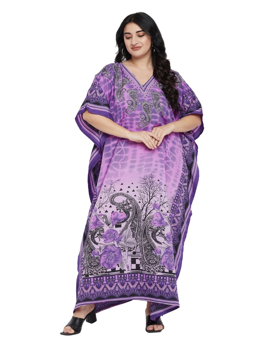 Paisley Printed Purple Polyester Plus Size Kaftan Dress For Women