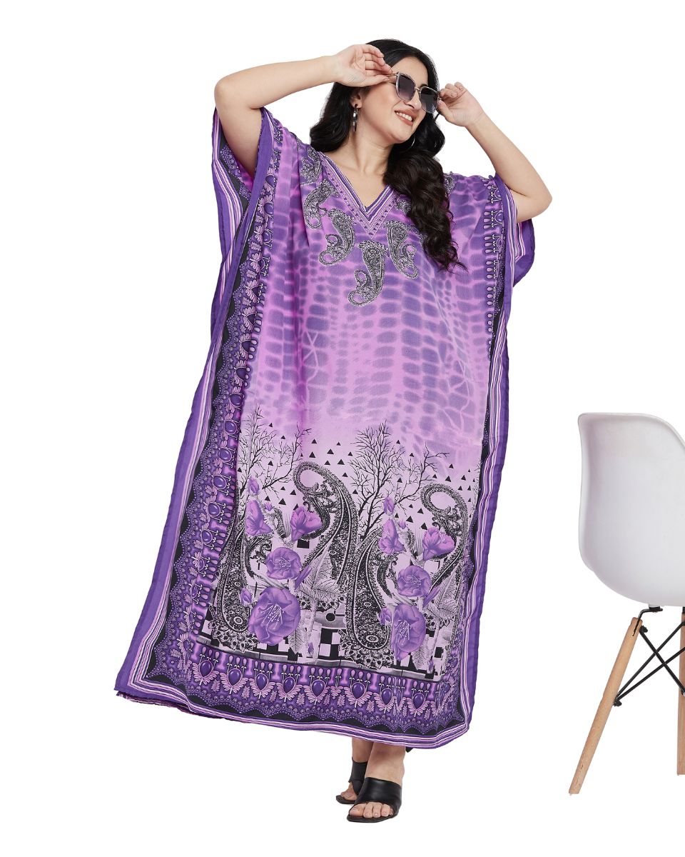 Paisley Printed Purple Polyester Plus Size Kaftan Dress For Women