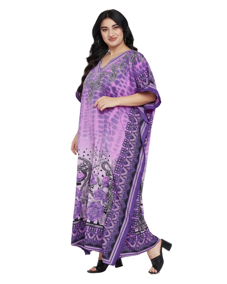 Paisley Printed Purple Polyester Plus Size Kaftan Dress For Women