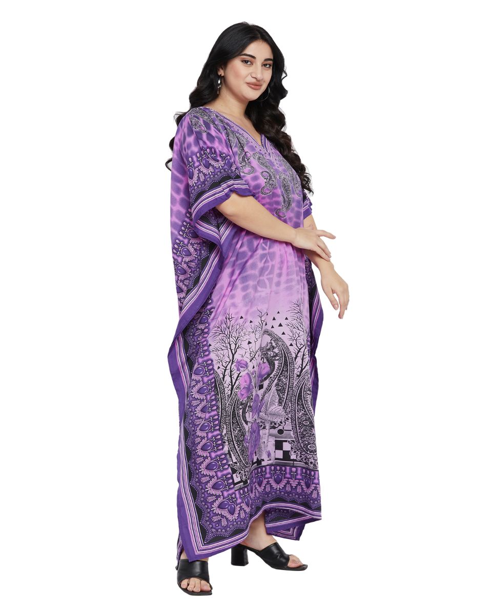 Paisley Printed Purple Polyester Plus Size Kaftan Dress For Women