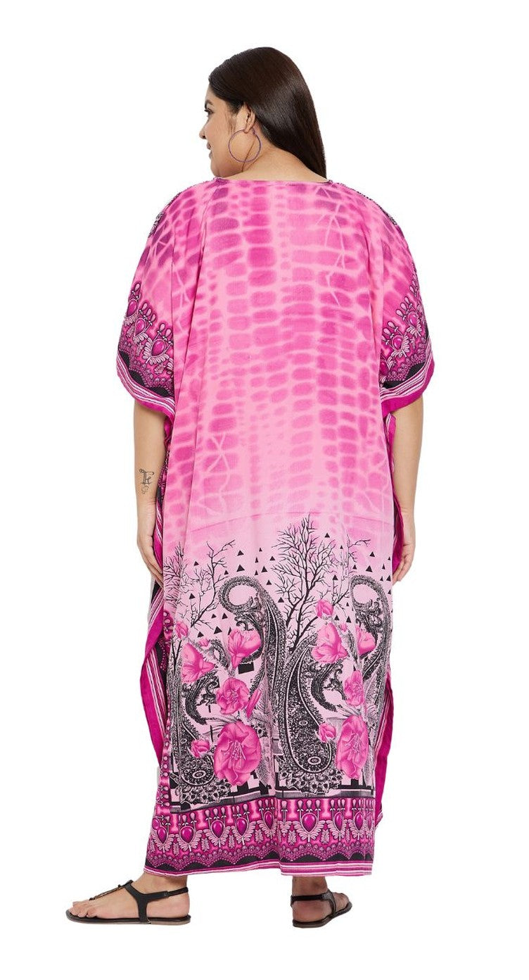 Pink paisley tie-dye print polyester plus size kaftan with V-neck and 3/4 sleeves — additional angle