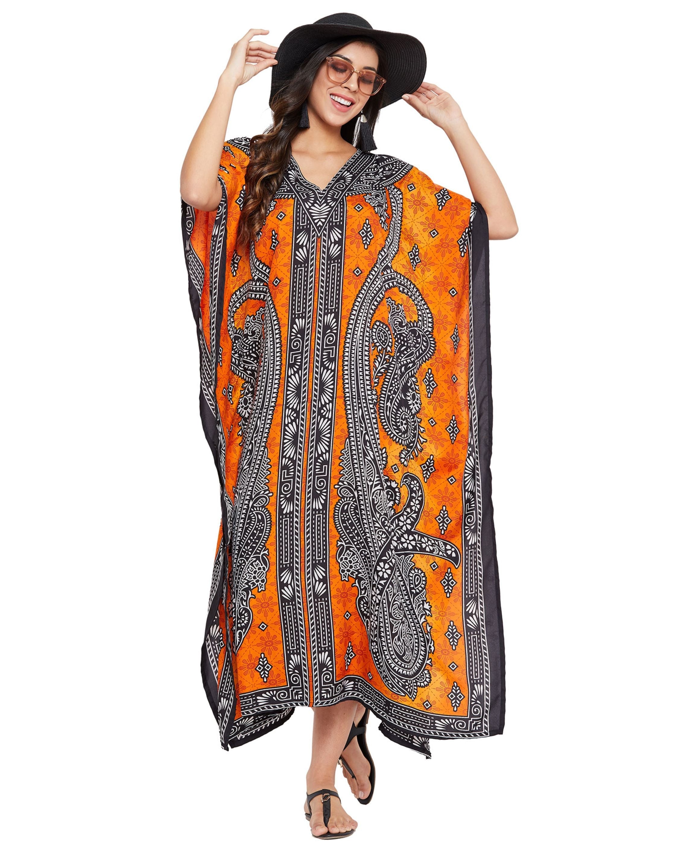 Paisley Printed Plus Size Orange Polyester Kaftan For Women