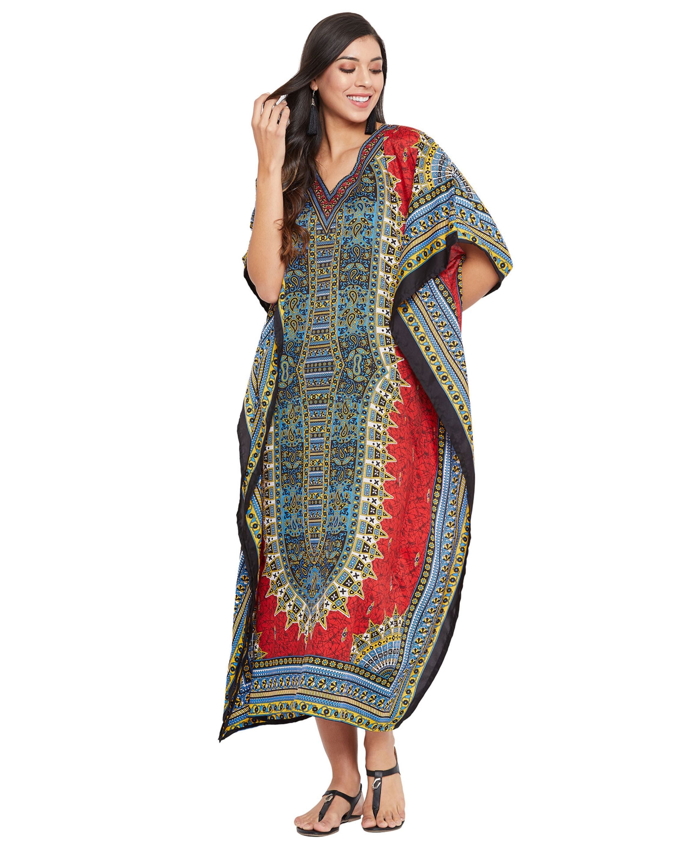 Red Tribal Printed Polyester Plus Size Kaftan Dress For Women