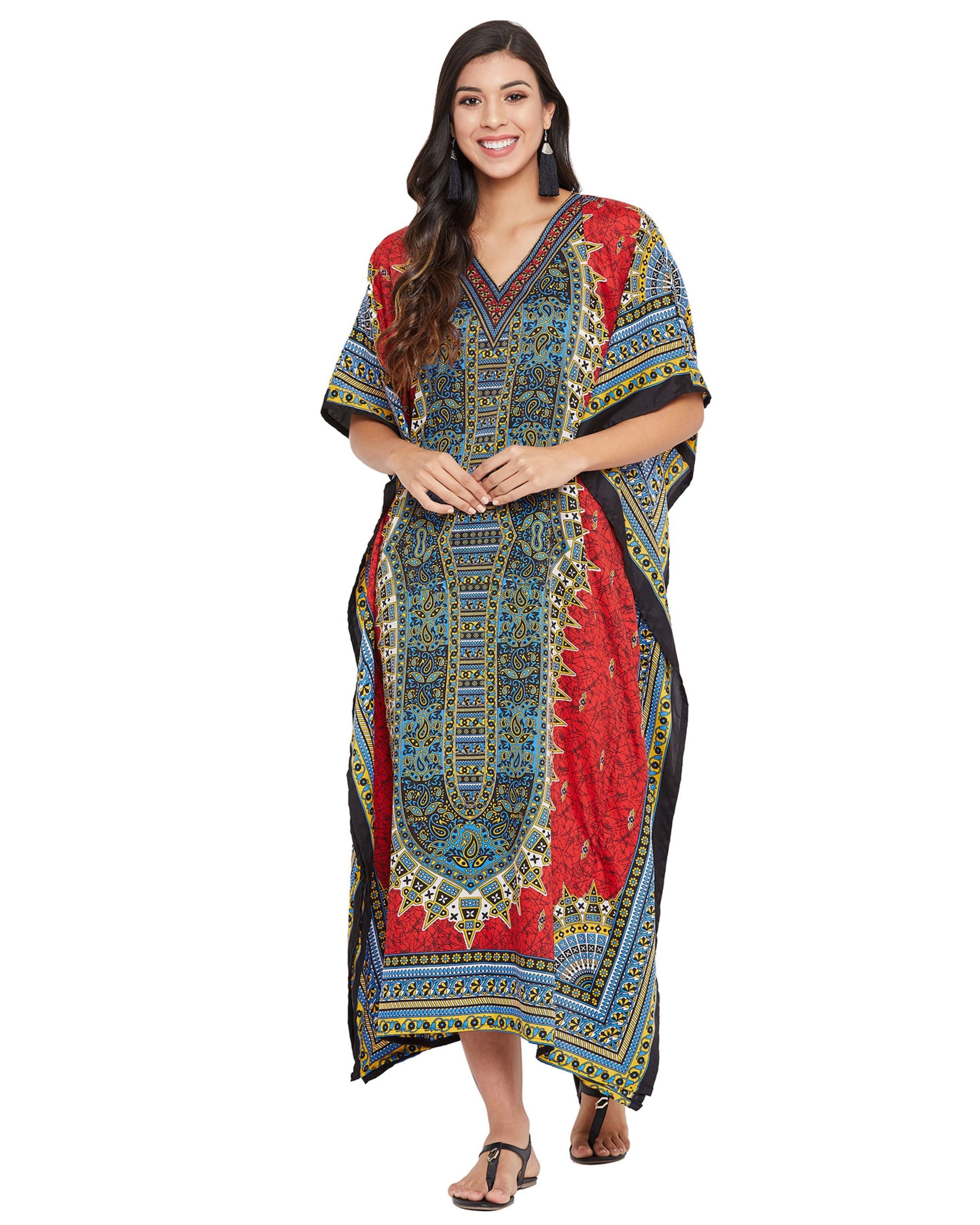 Red Tribal Printed Polyester Plus Size Kaftan Dress For Women