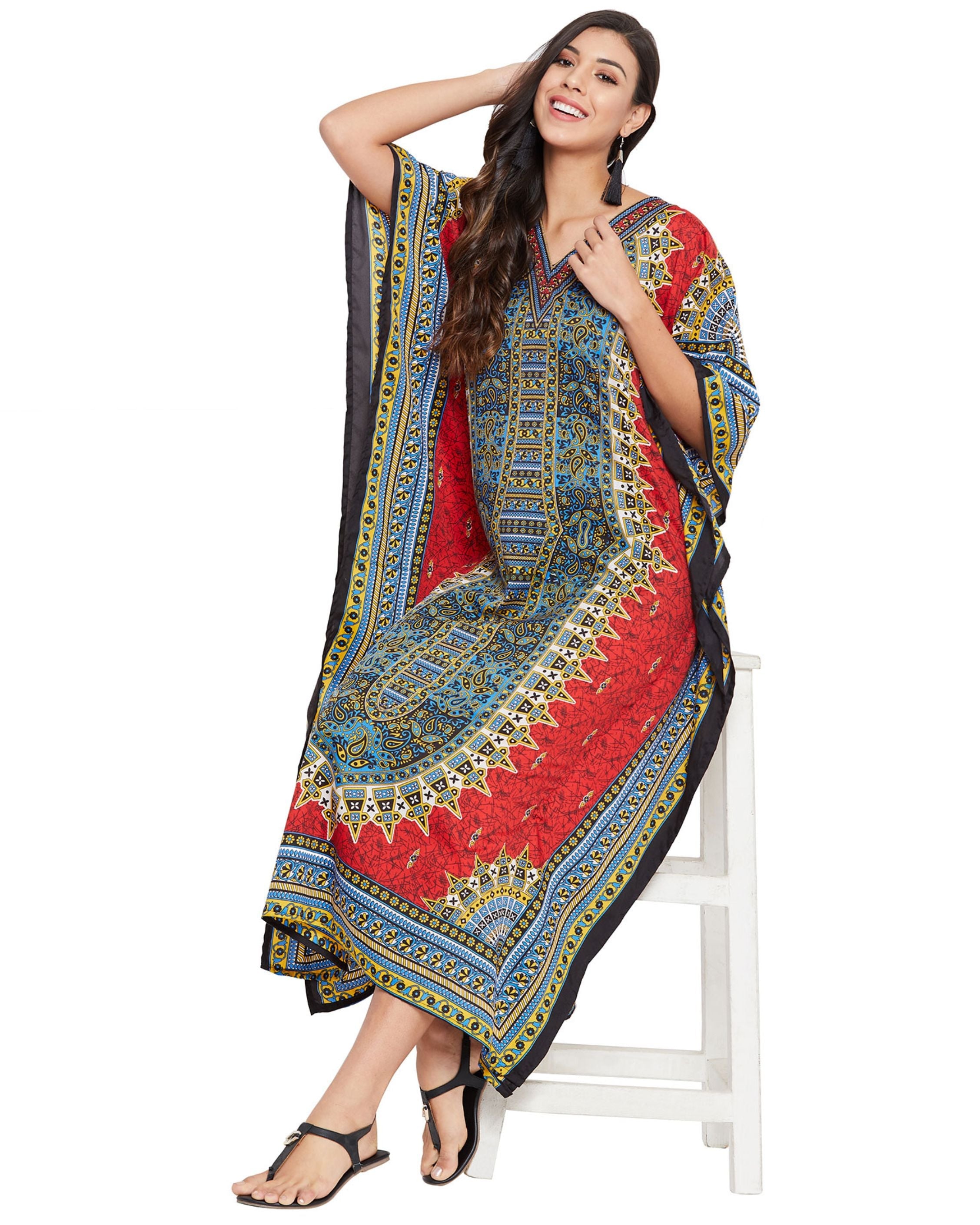 Red Tribal Printed Polyester Plus Size Kaftan Dress For Women