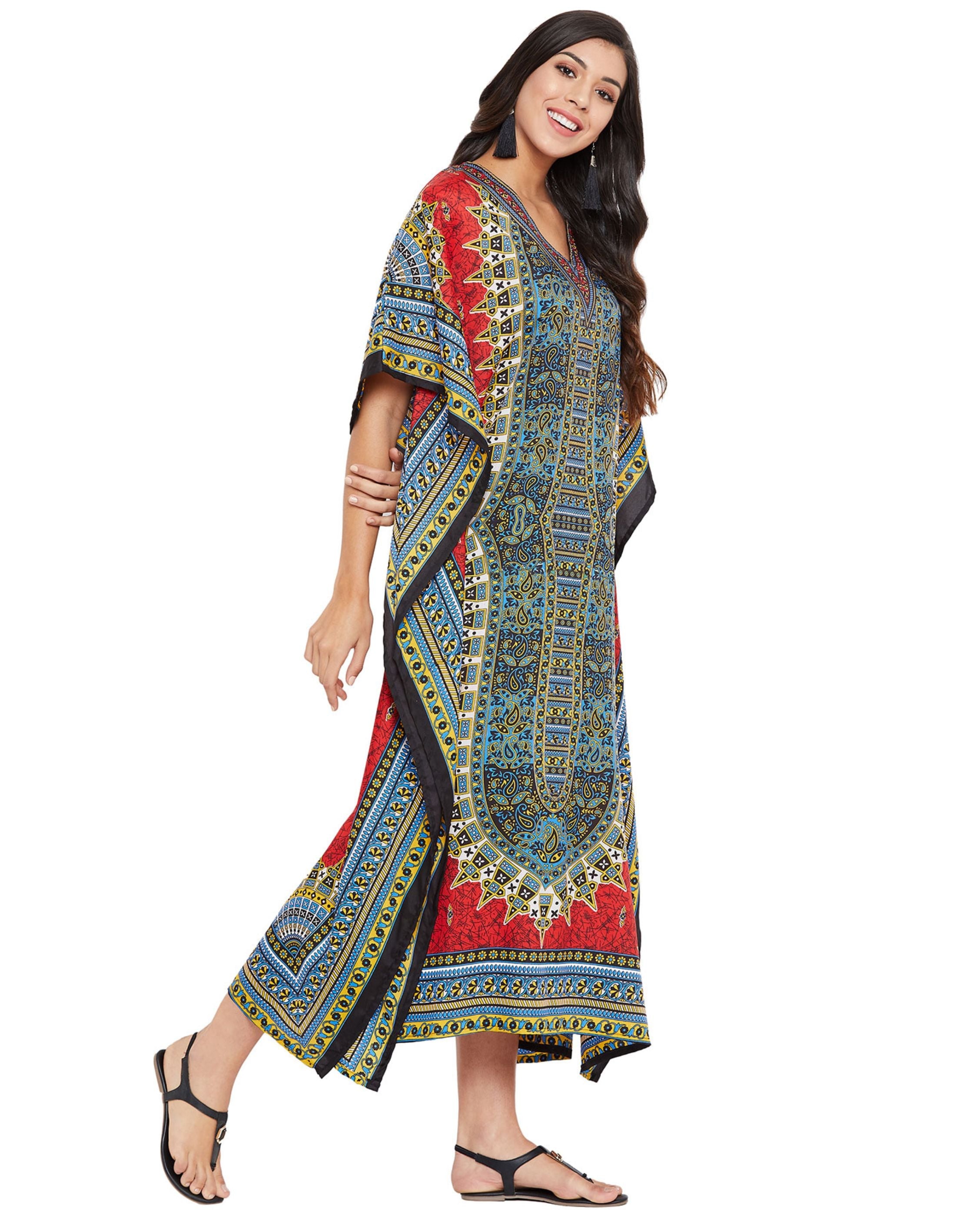 Red Tribal Printed Polyester Plus Size Kaftan Dress For Women