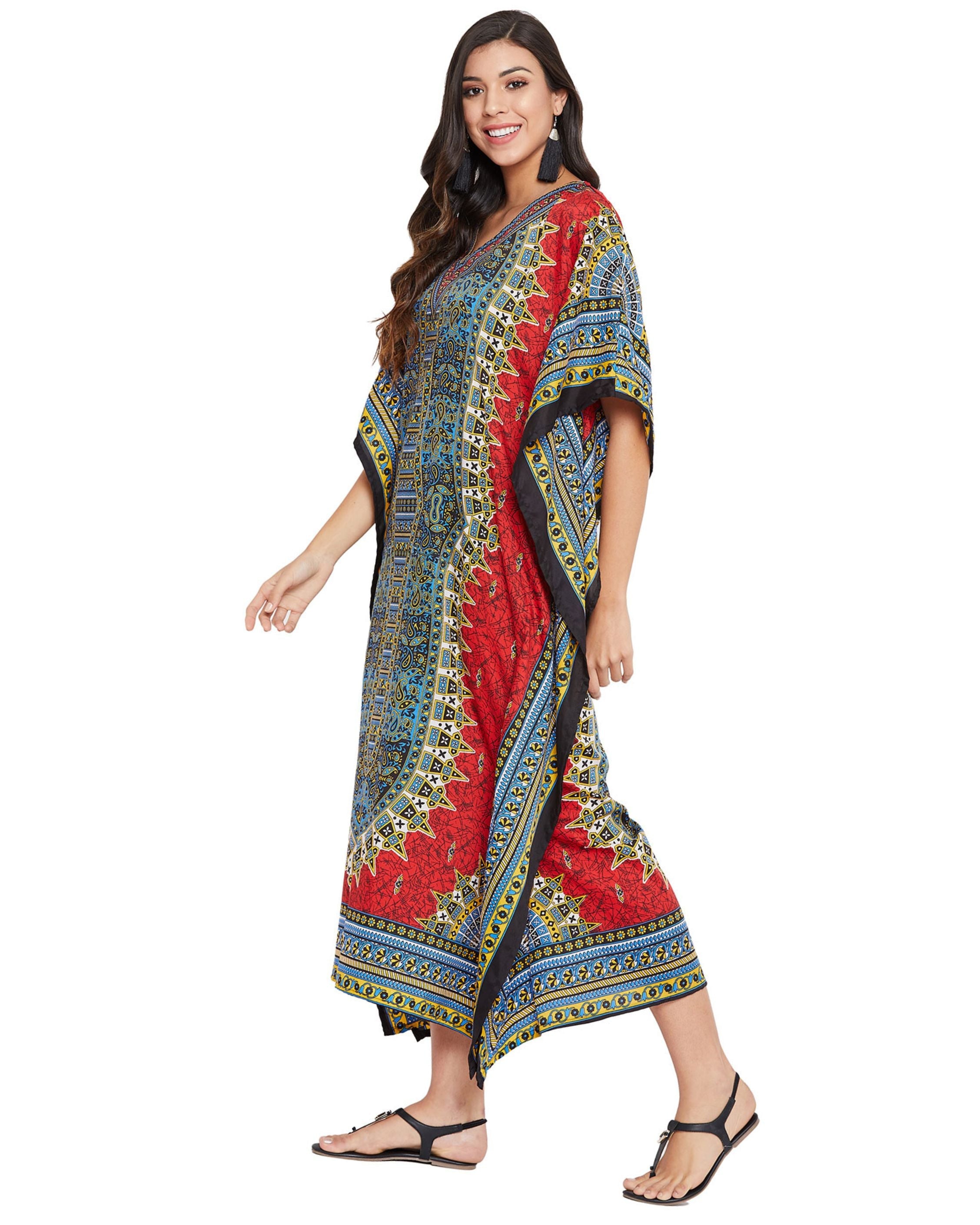 Red Tribal Printed Polyester Plus Size Kaftan Dress For Women