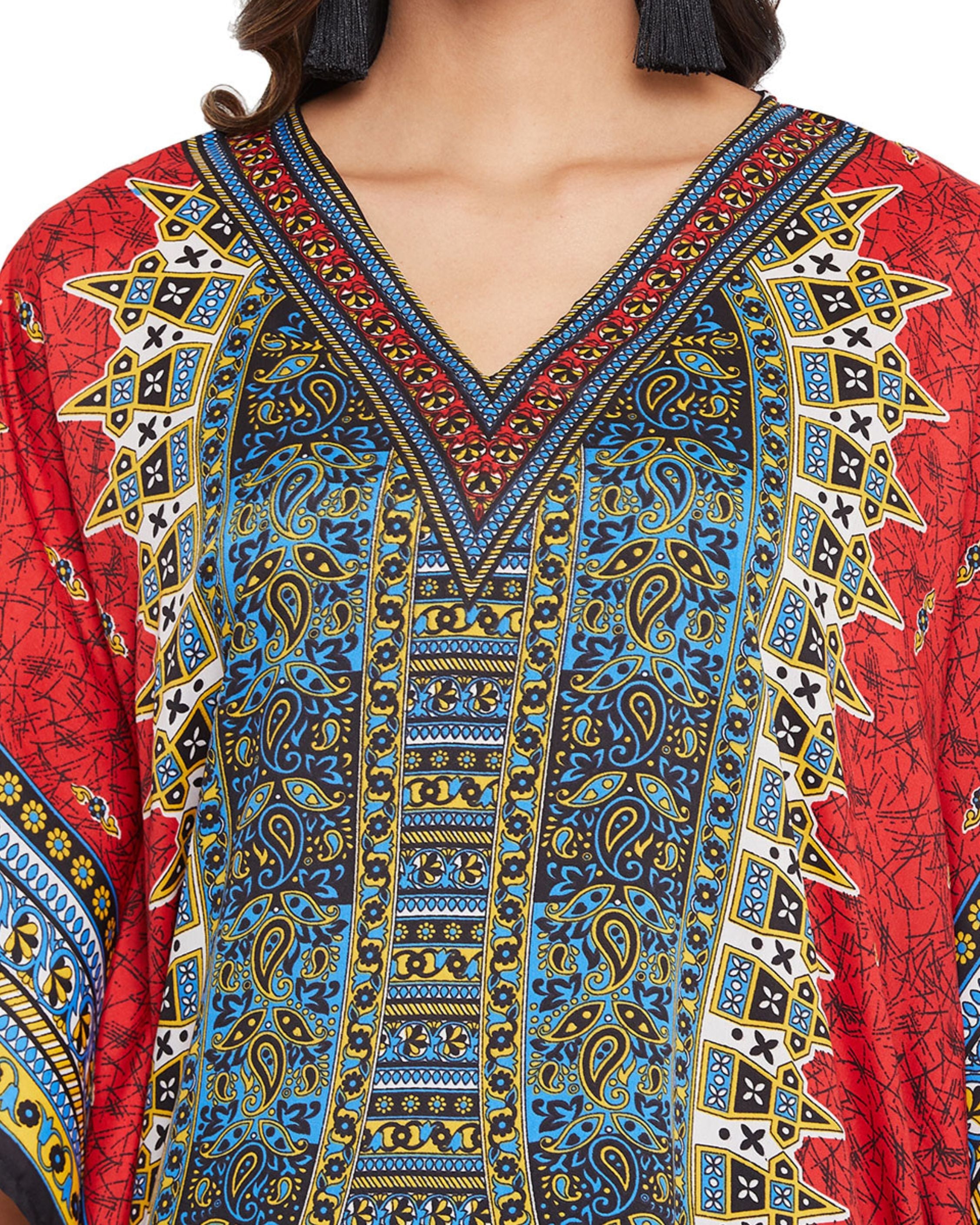 Red Tribal Printed Polyester Plus Size Kaftan Dress For Women