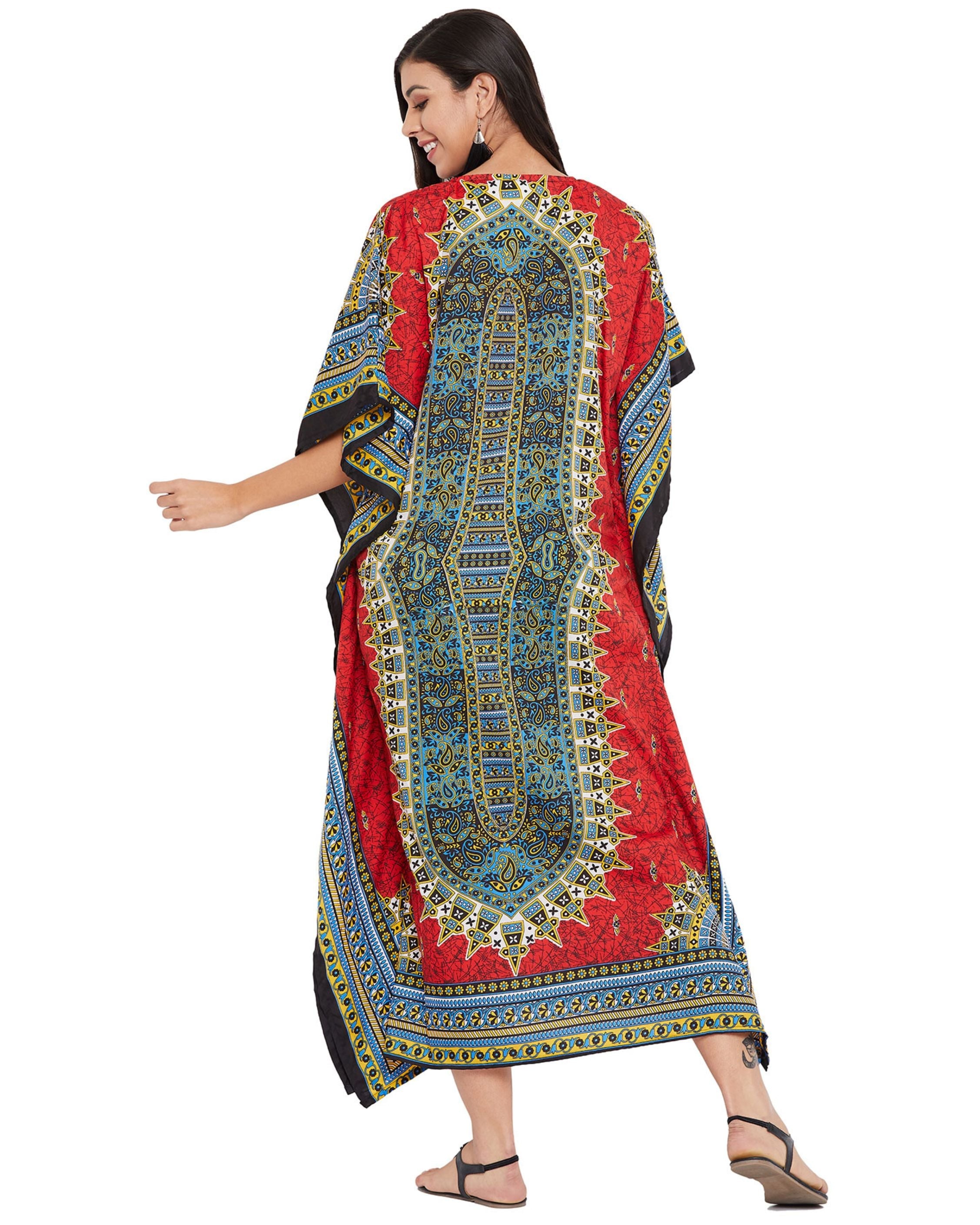 Red Tribal Printed Polyester Plus Size Kaftan Dress For Women