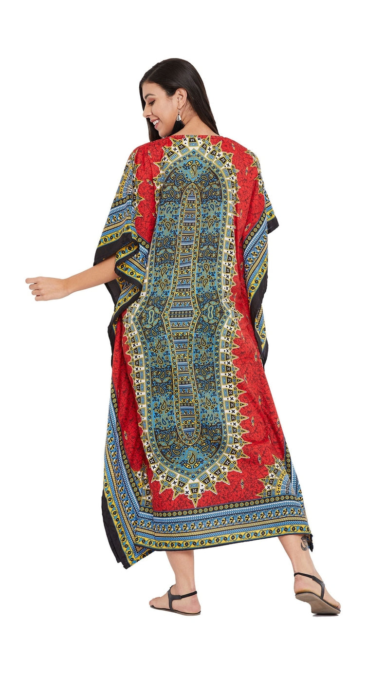 Red and blue dashiki medallion print polyester plus size kaftan with V-neck — alternate view