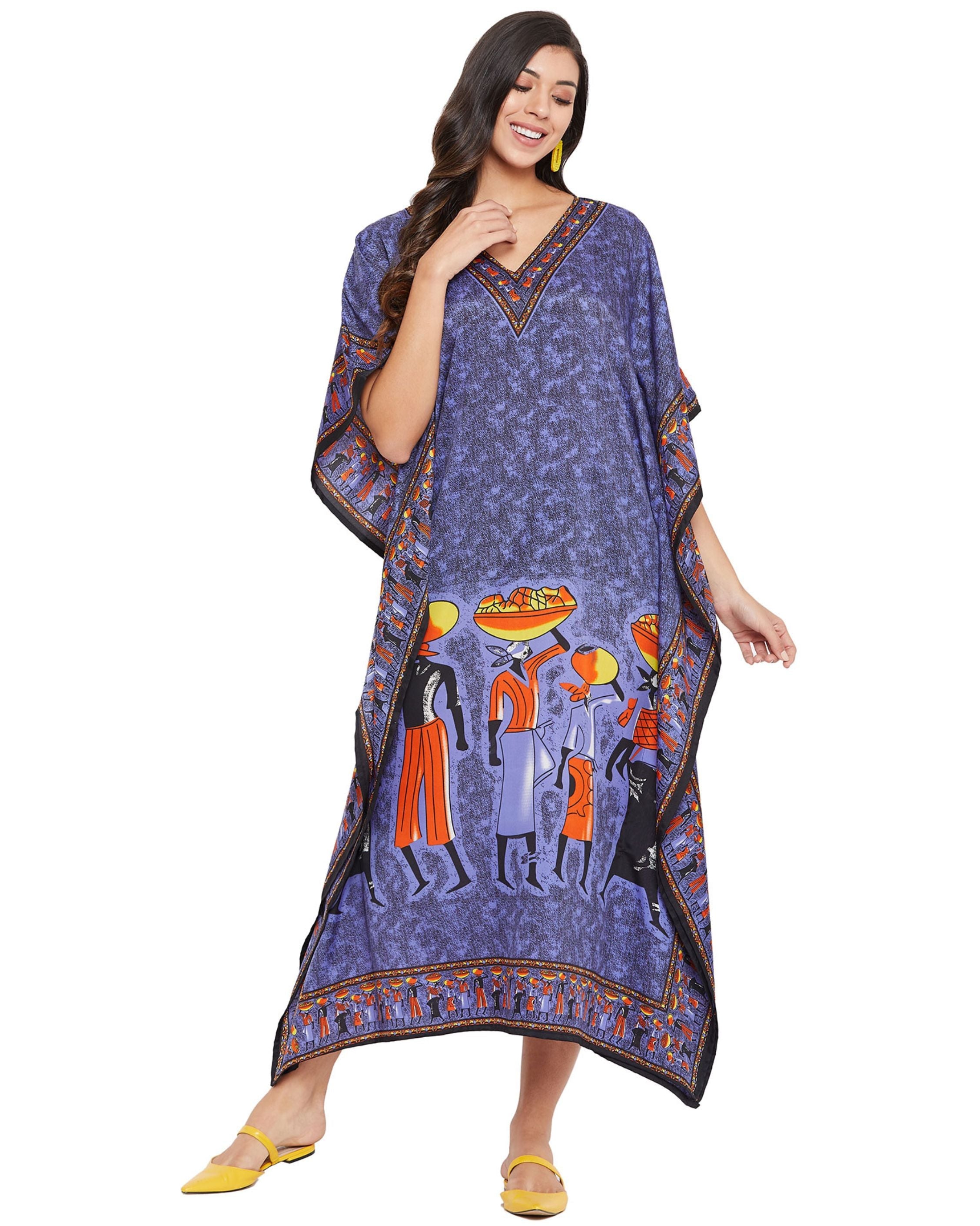 Tribal Printed Purple Polyester Kaftan Dress for Women