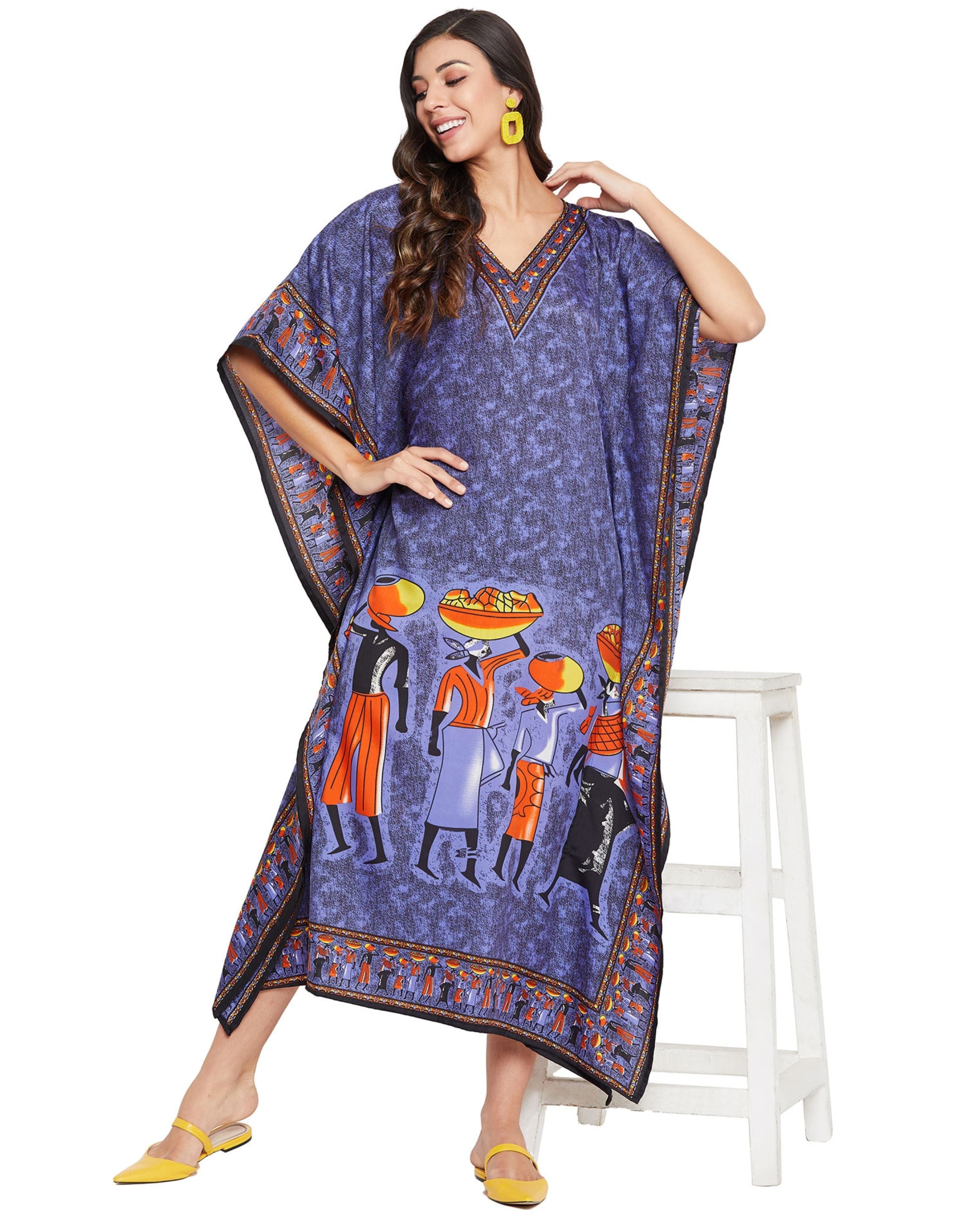 Tribal Printed Purple Polyester Kaftan Dress for Women