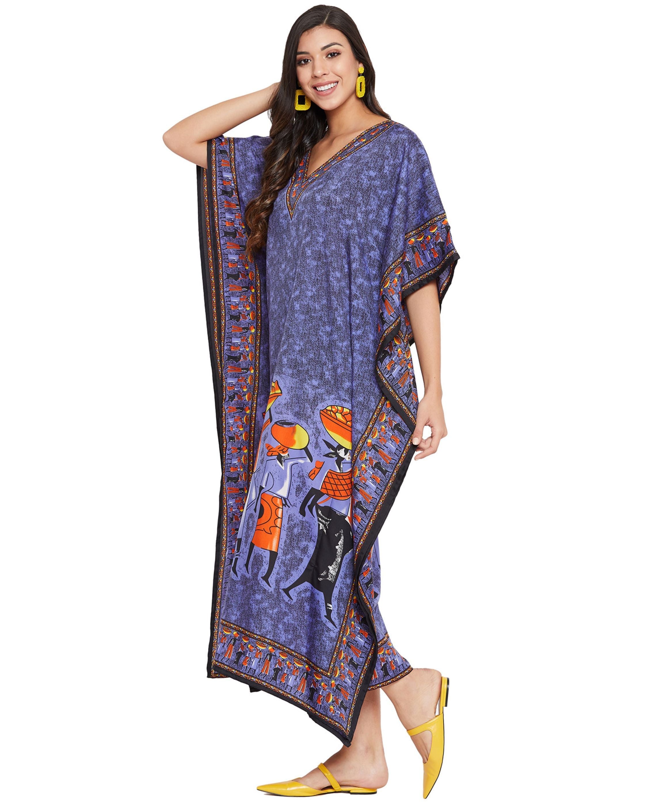Tribal Printed Purple Polyester Kaftan Dress for Women