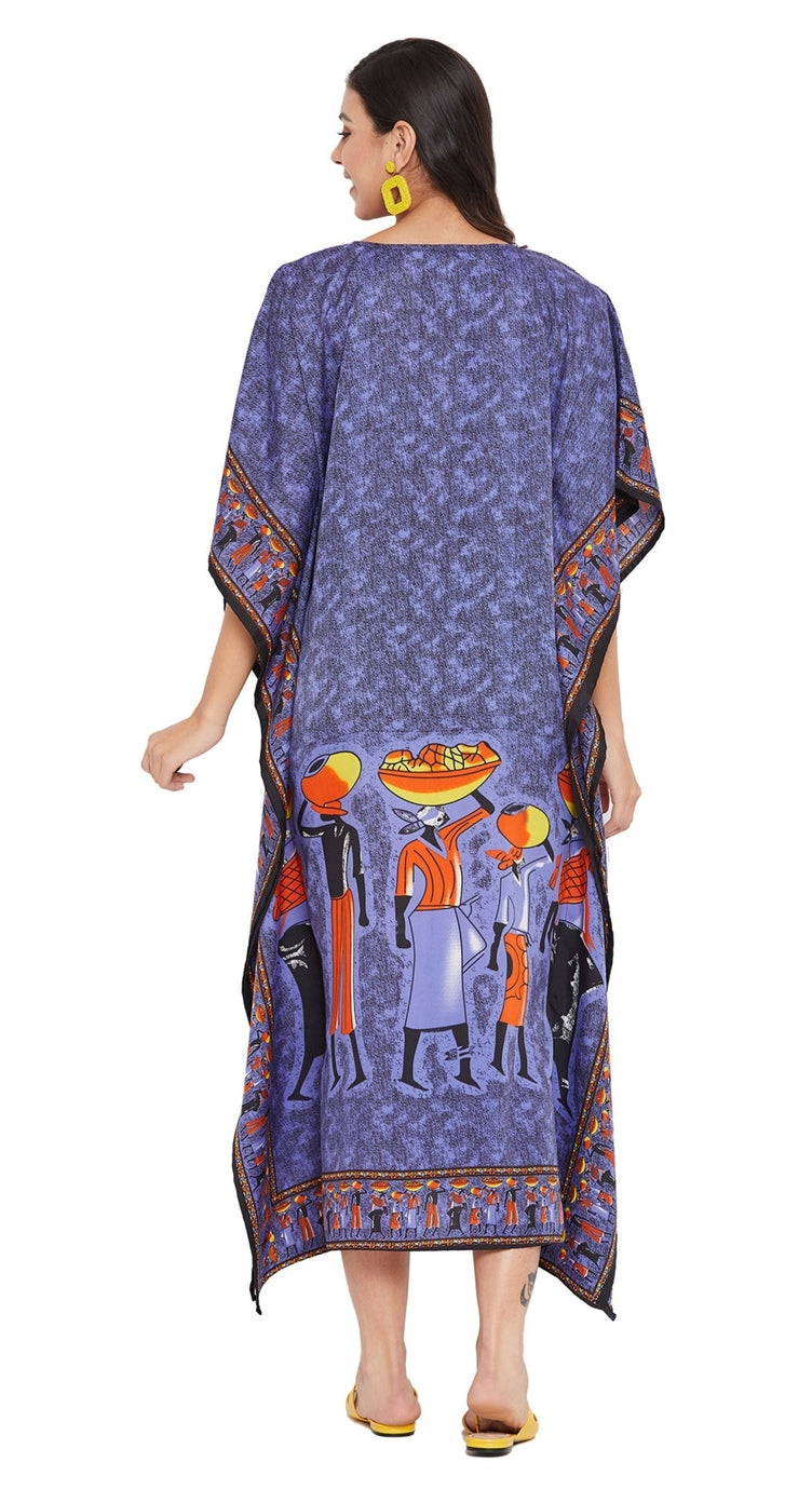 Blue plus size kaftan with multicolor figure print and V-neck — additional angle
