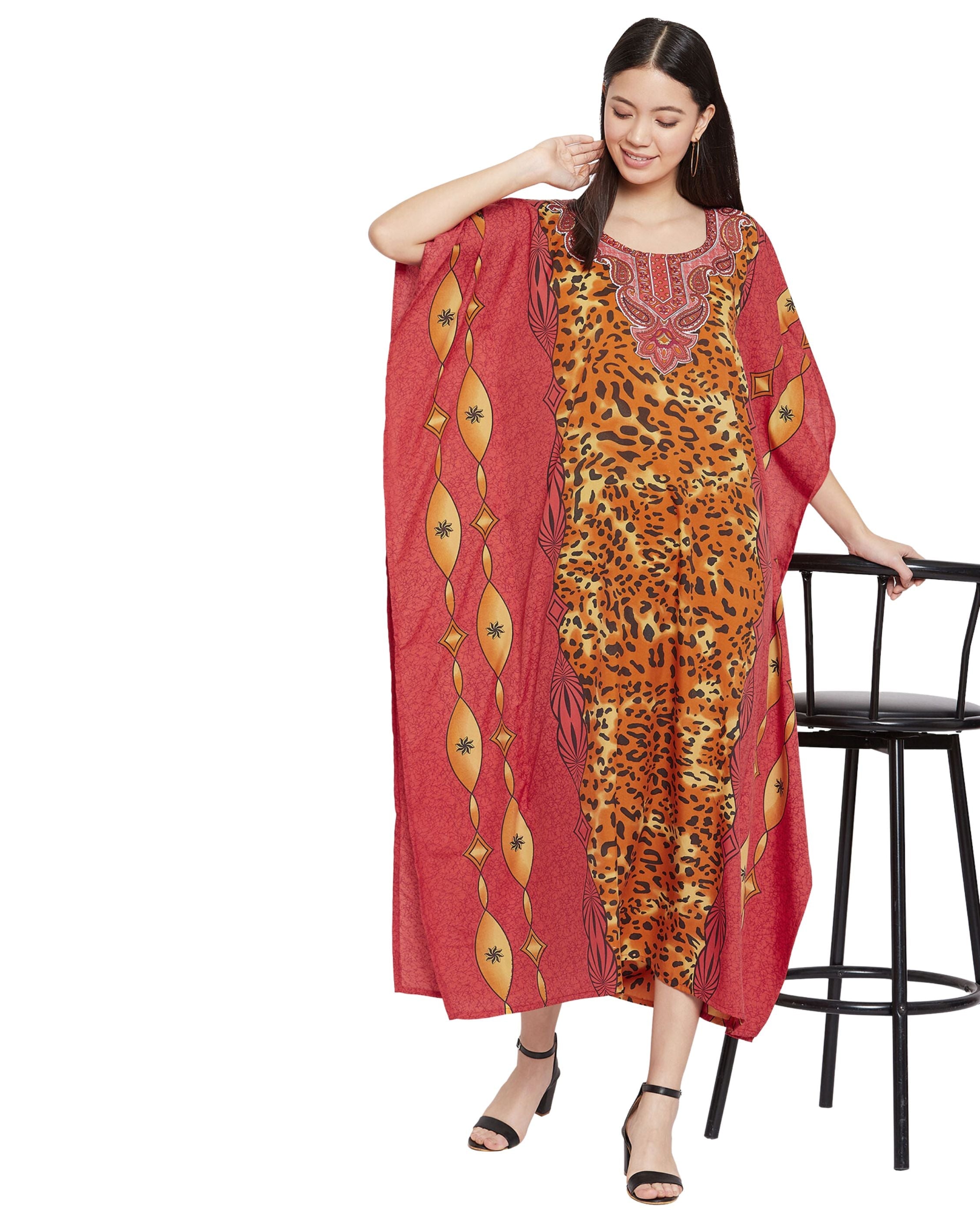 Animal Printed Red Polyester Kaftan Dress for Women