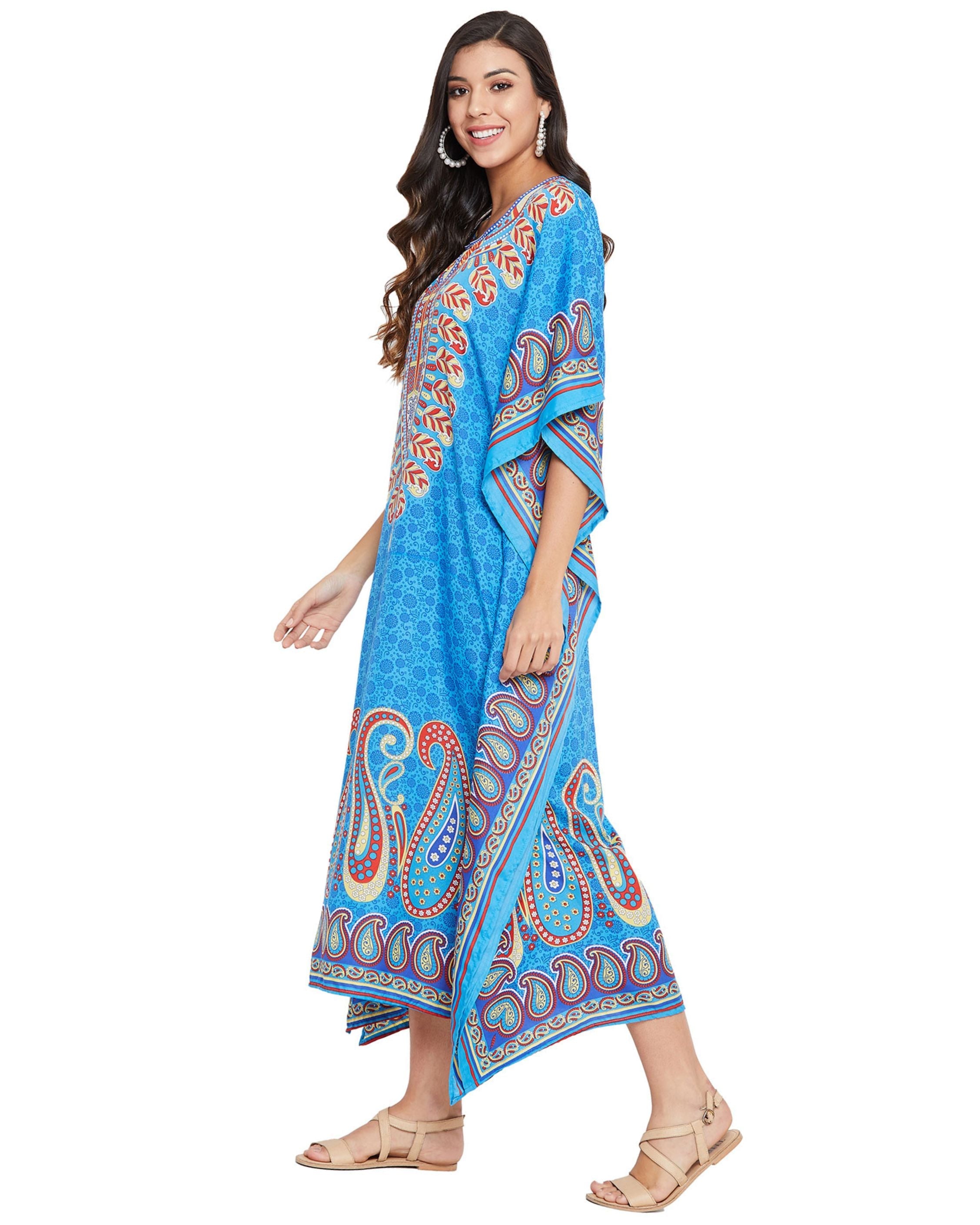 Paisley Printed Sky Blue Polyester Kaftan Dress for Women