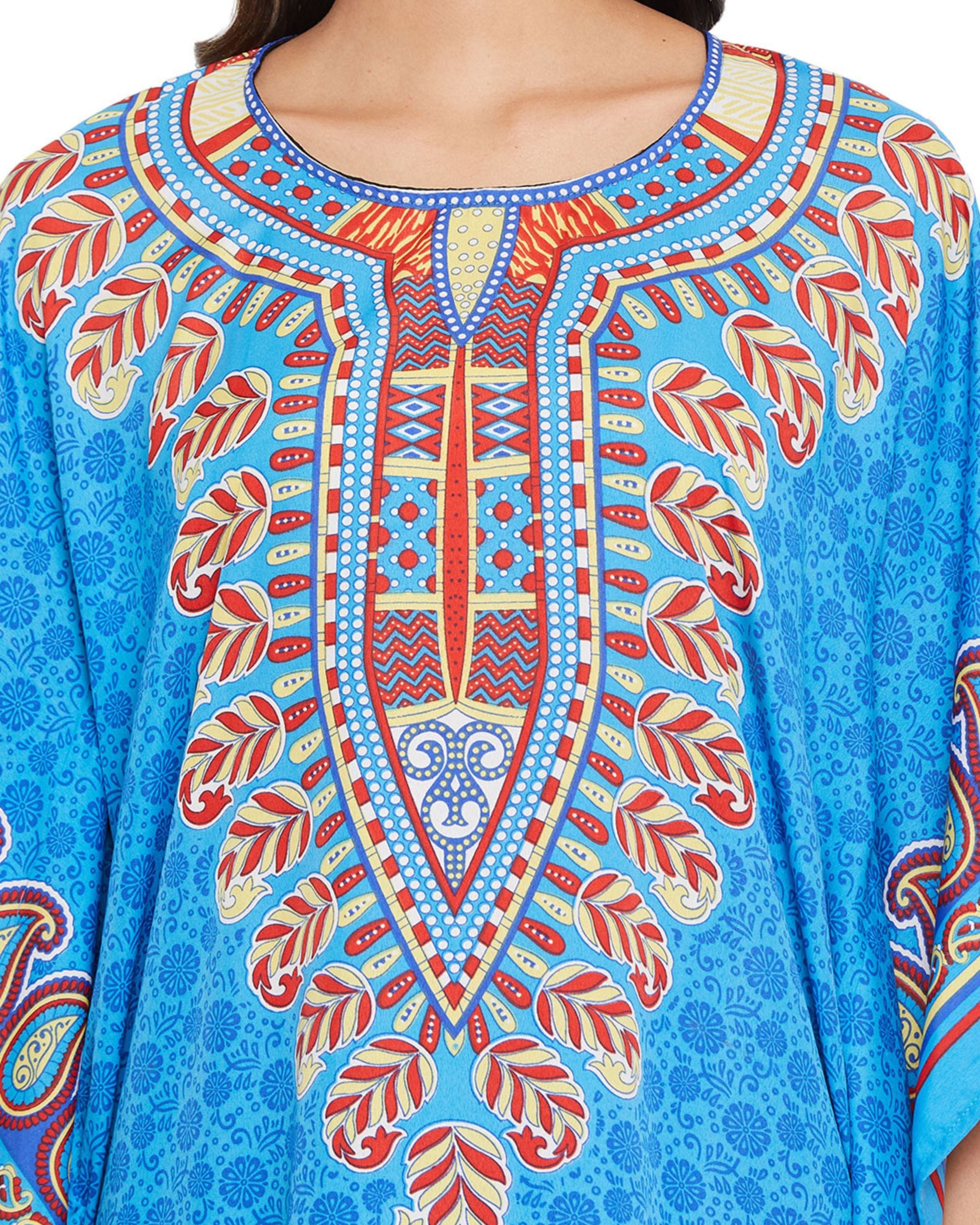 Paisley Printed Sky Blue Polyester Kaftan Dress for Women