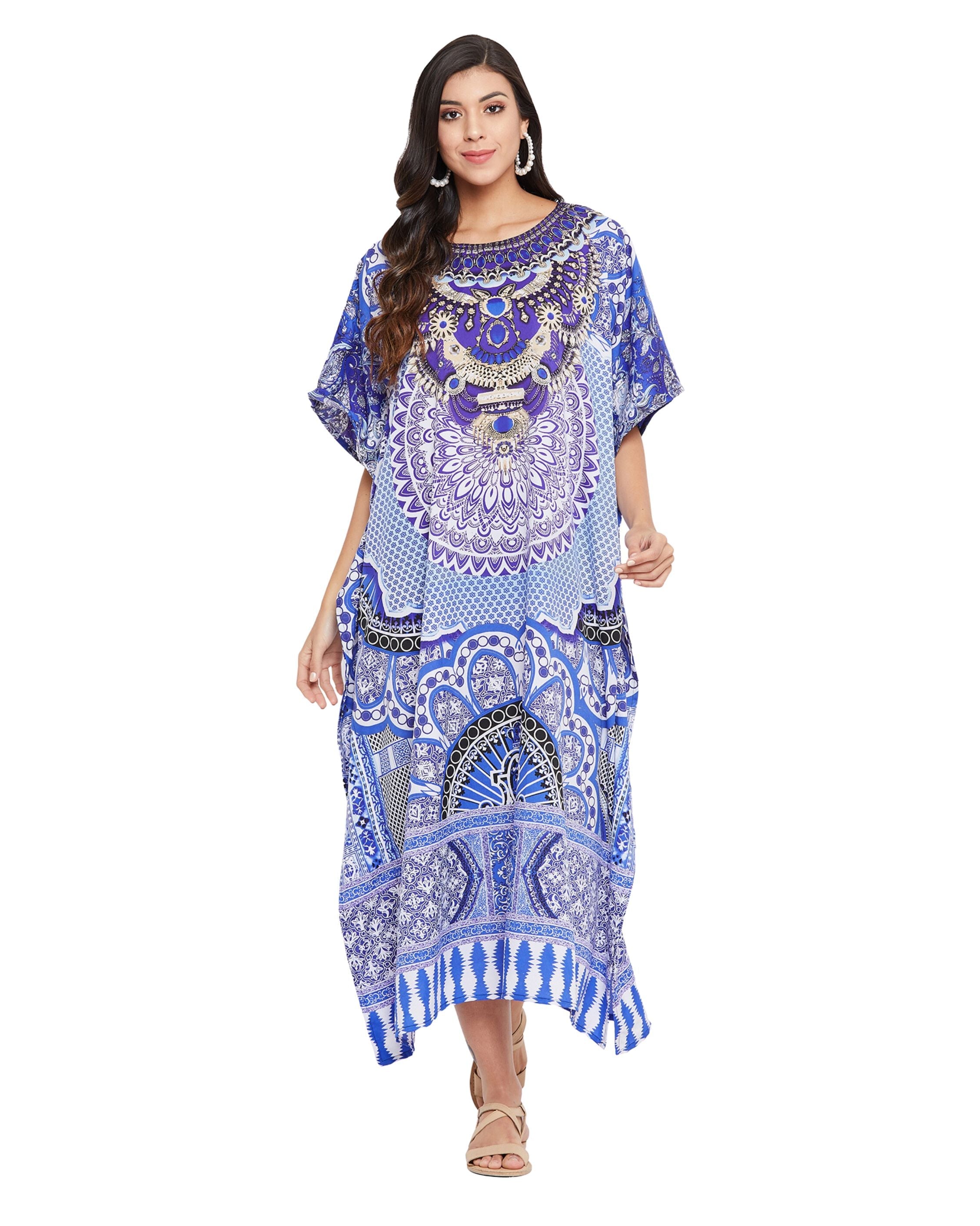 Abstract Printed Blue Polyester Kaftan Dress for Women