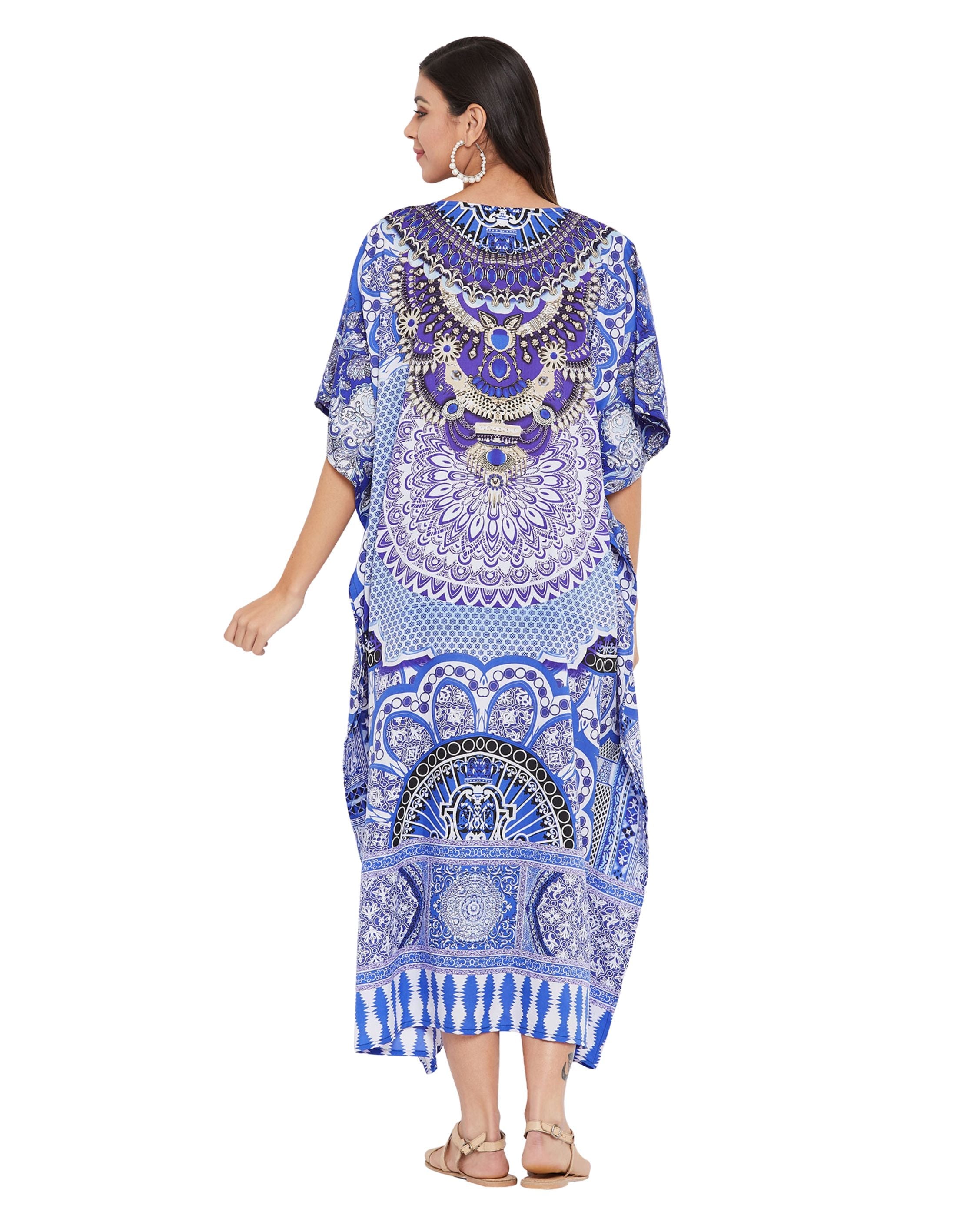 Digital Printed Blue Polyester Kaftan Dress for Women