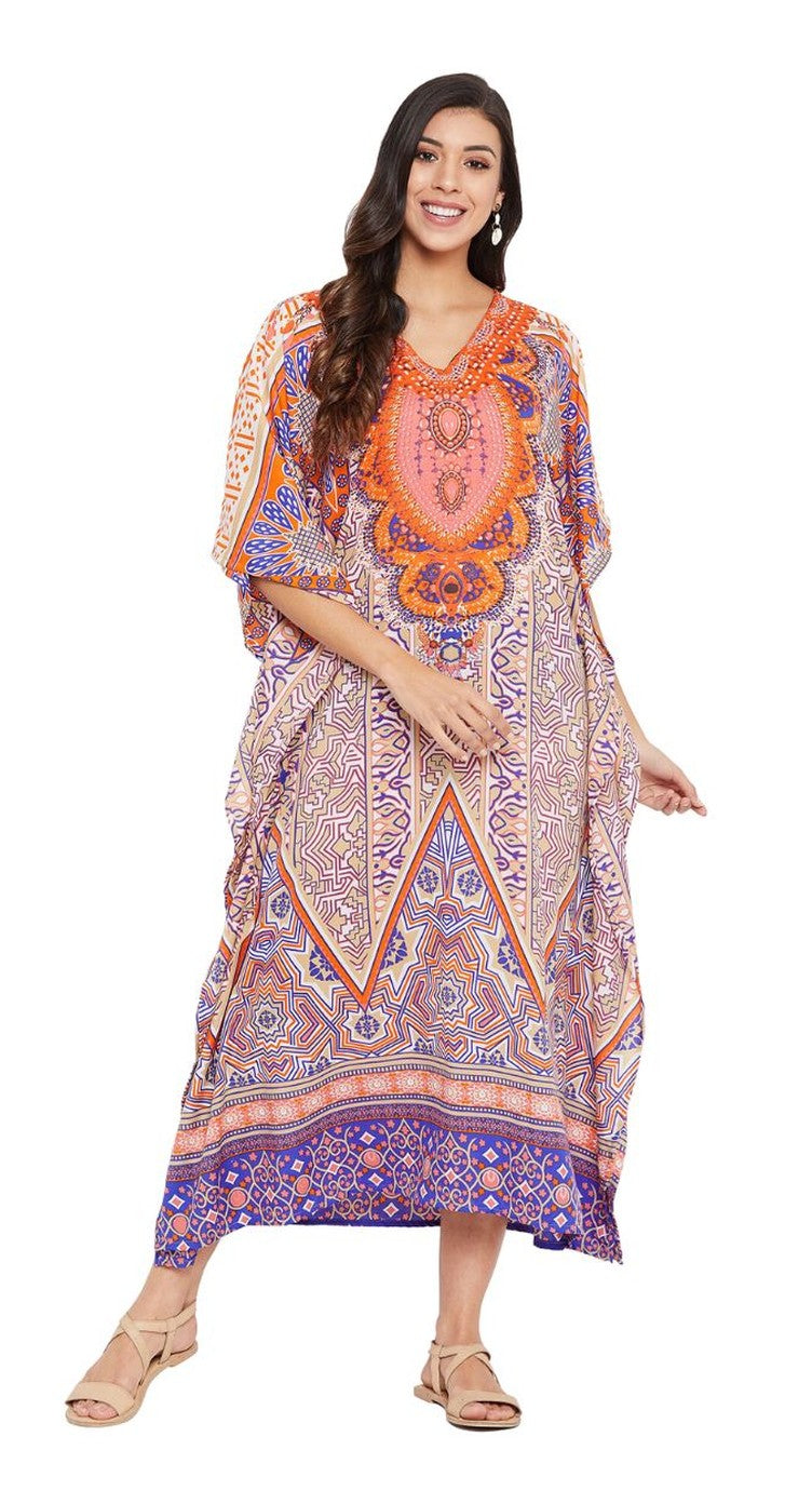 Multicolor paisley medallion print plus size kaftan with orange yoke