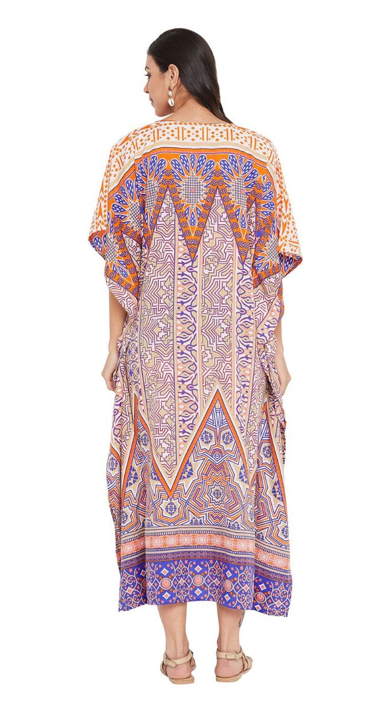 Multicolor paisley medallion print plus size kaftan with orange yoke — extra view