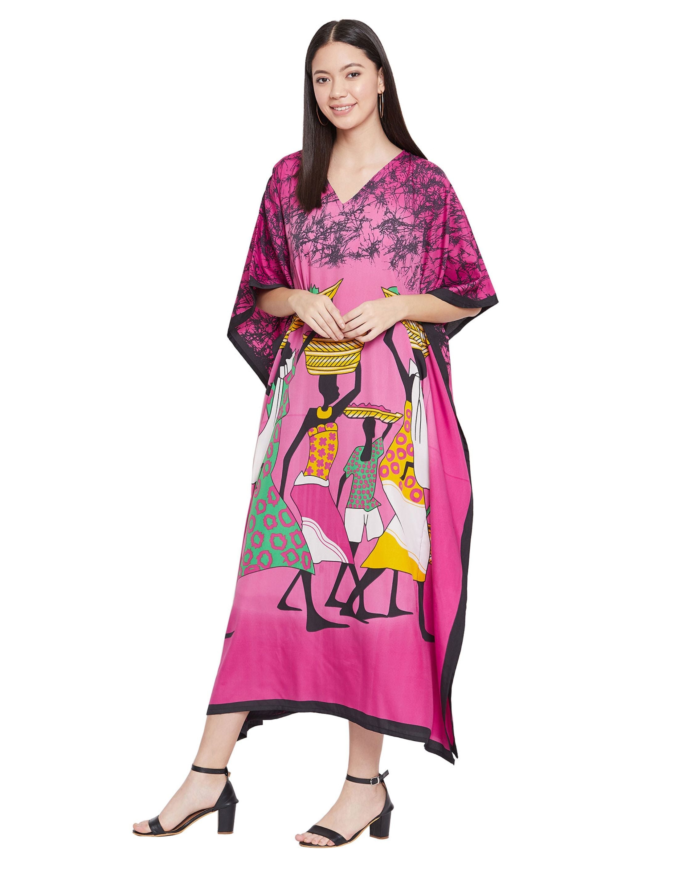 Tribal Printed Pink Polyester Kaftan Dress for Women