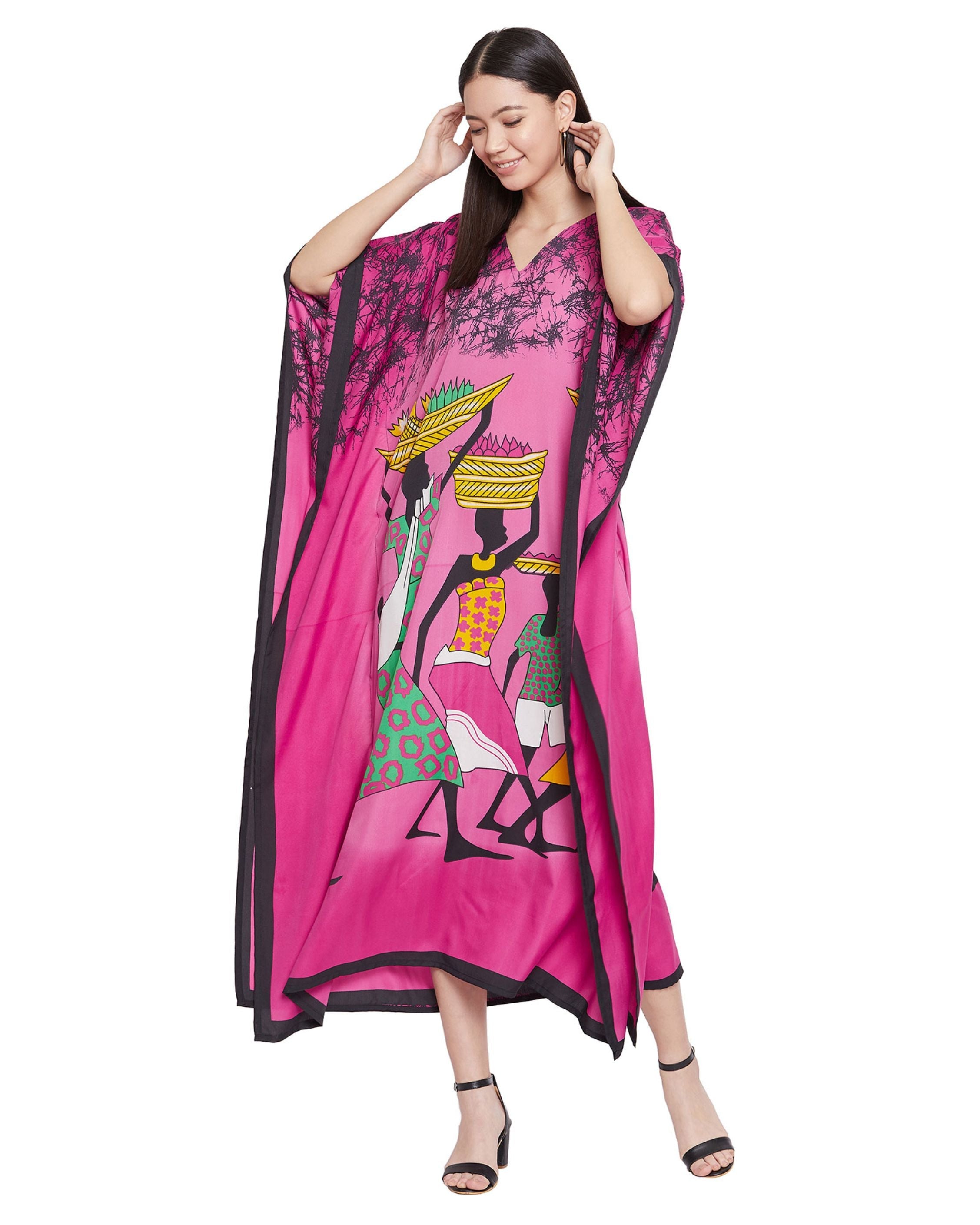 Tribal Printed Pink Polyester Kaftan Dress for Women