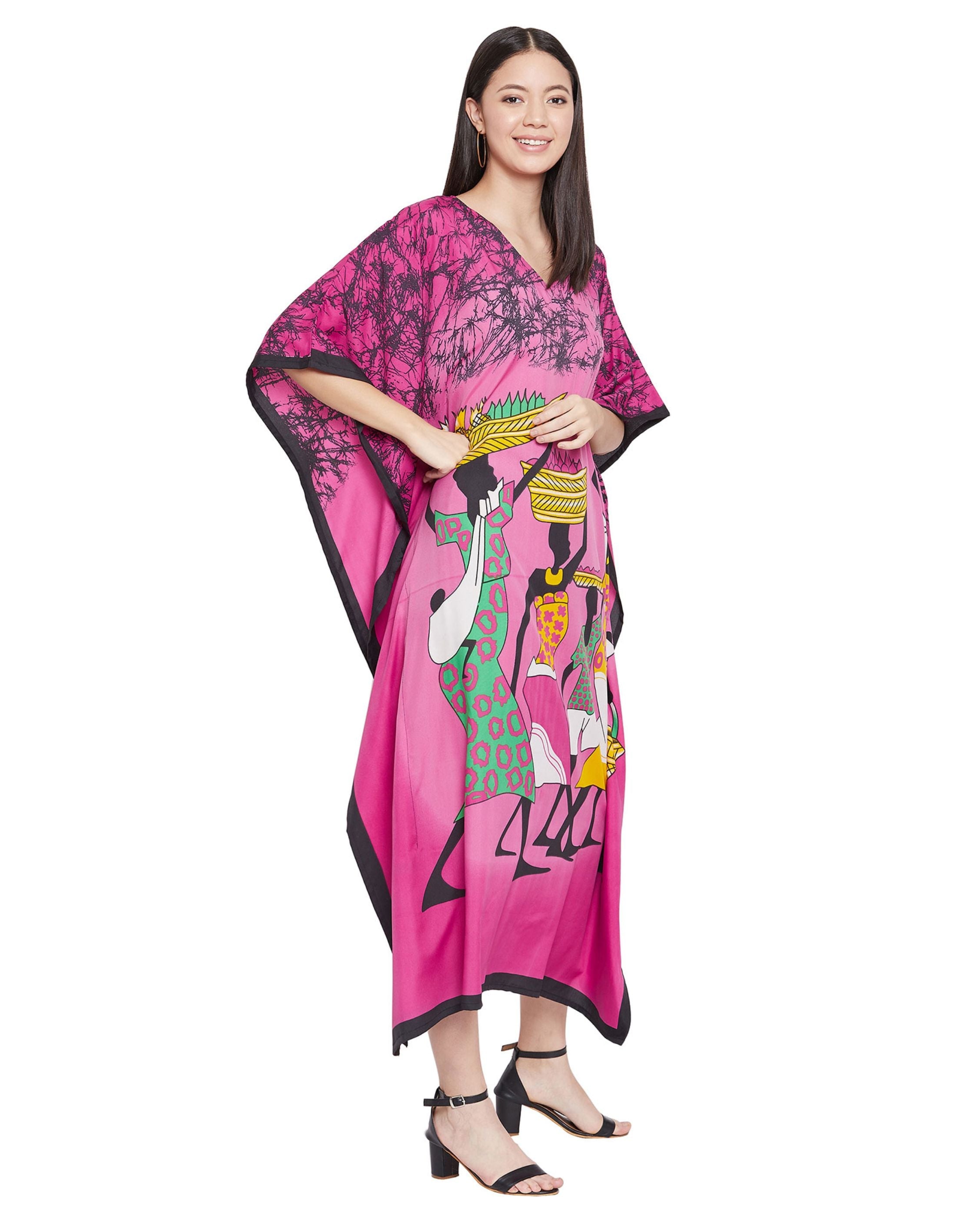 Pink Tribal Printed Polyester Kaftan For Plus Size Women