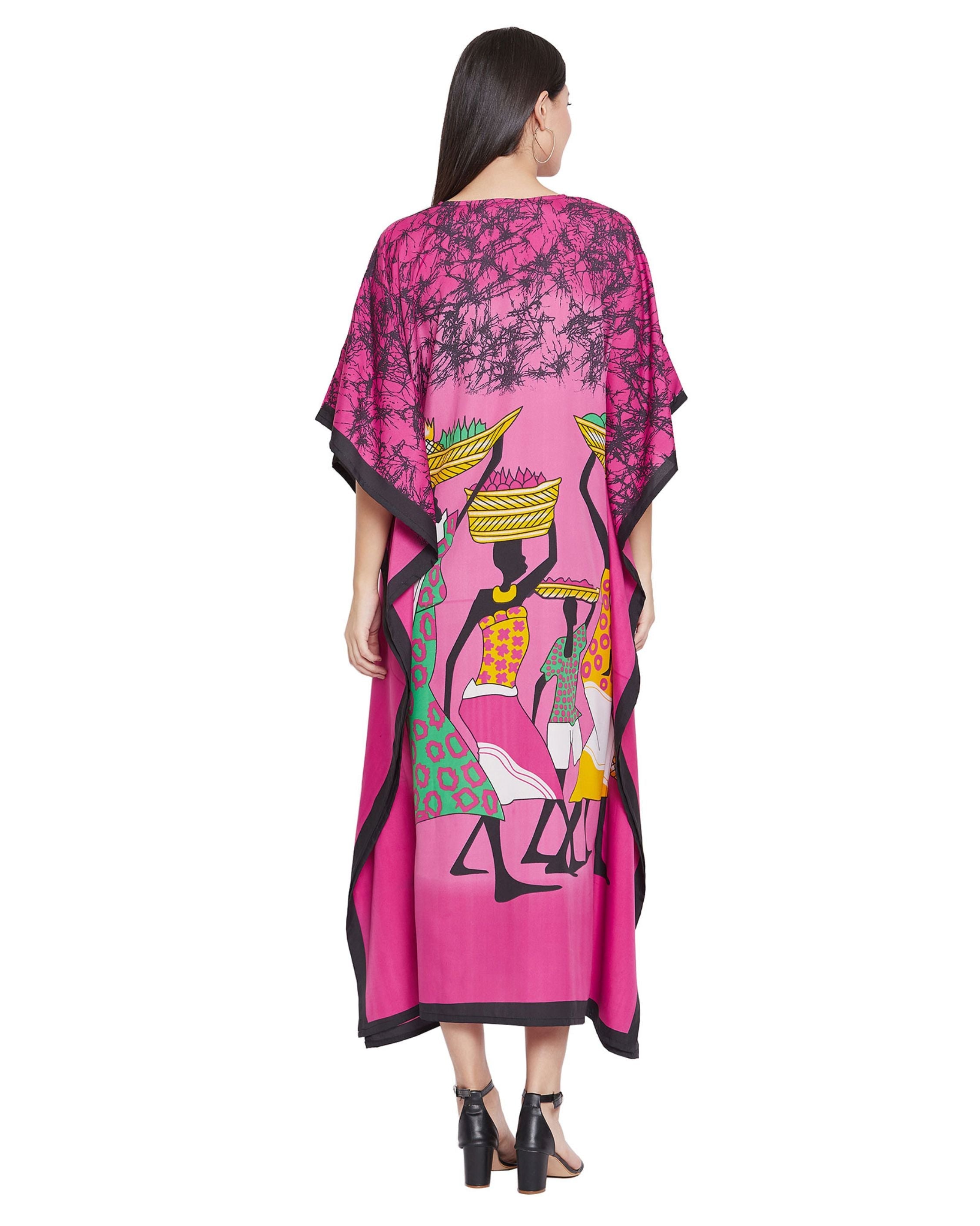 Tribal Printed Pink Polyester Kaftan Dress for Women