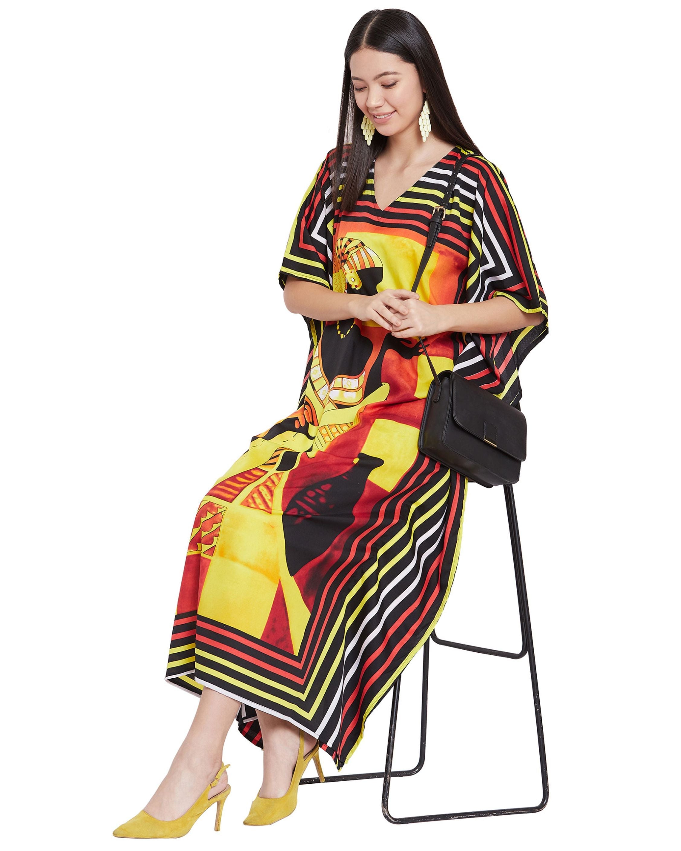 For Plus Size Women Tribal Printed Multicolor Polyester Kaftan