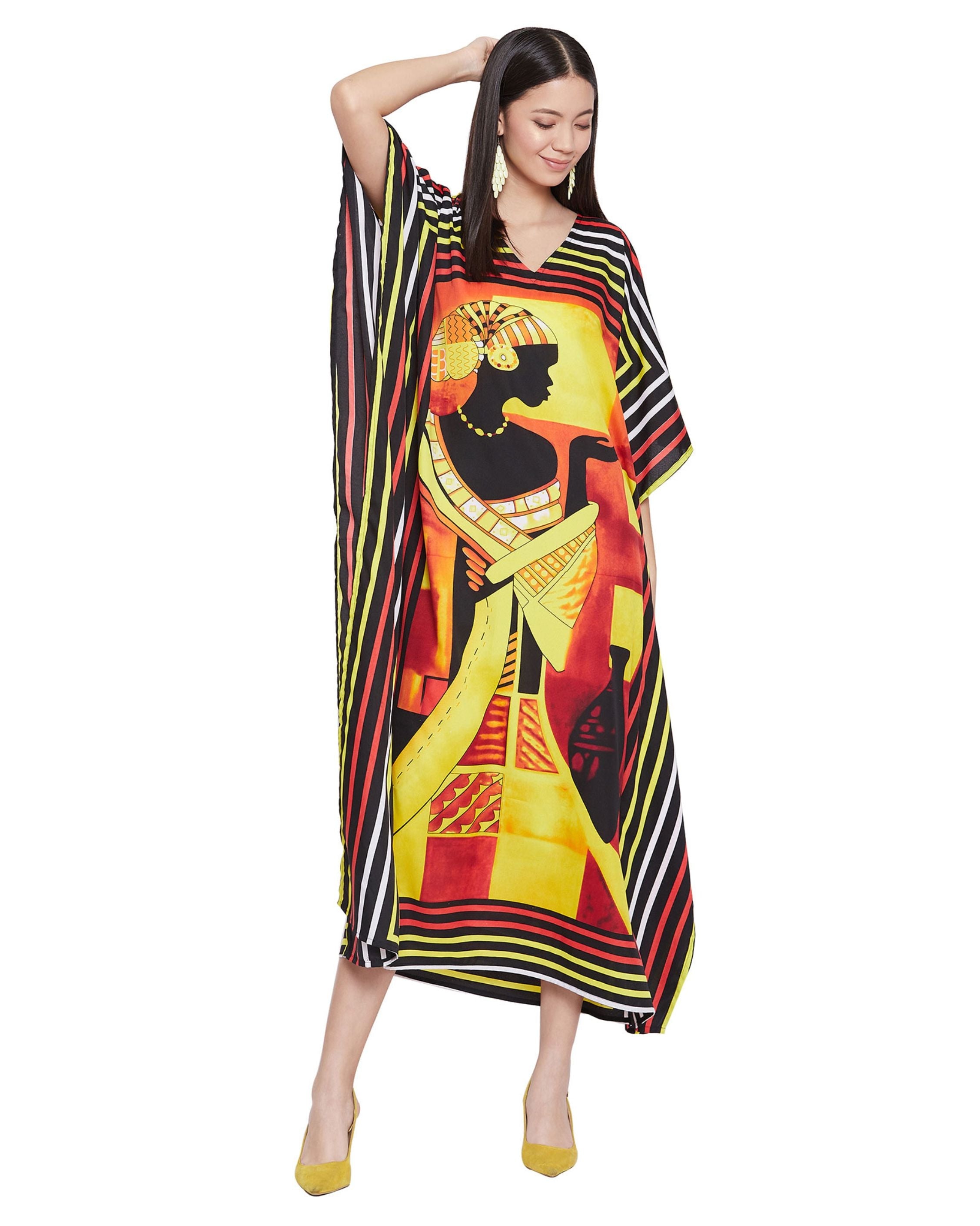 For Plus Size Women Tribal Printed Multicolor Polyester Kaftan