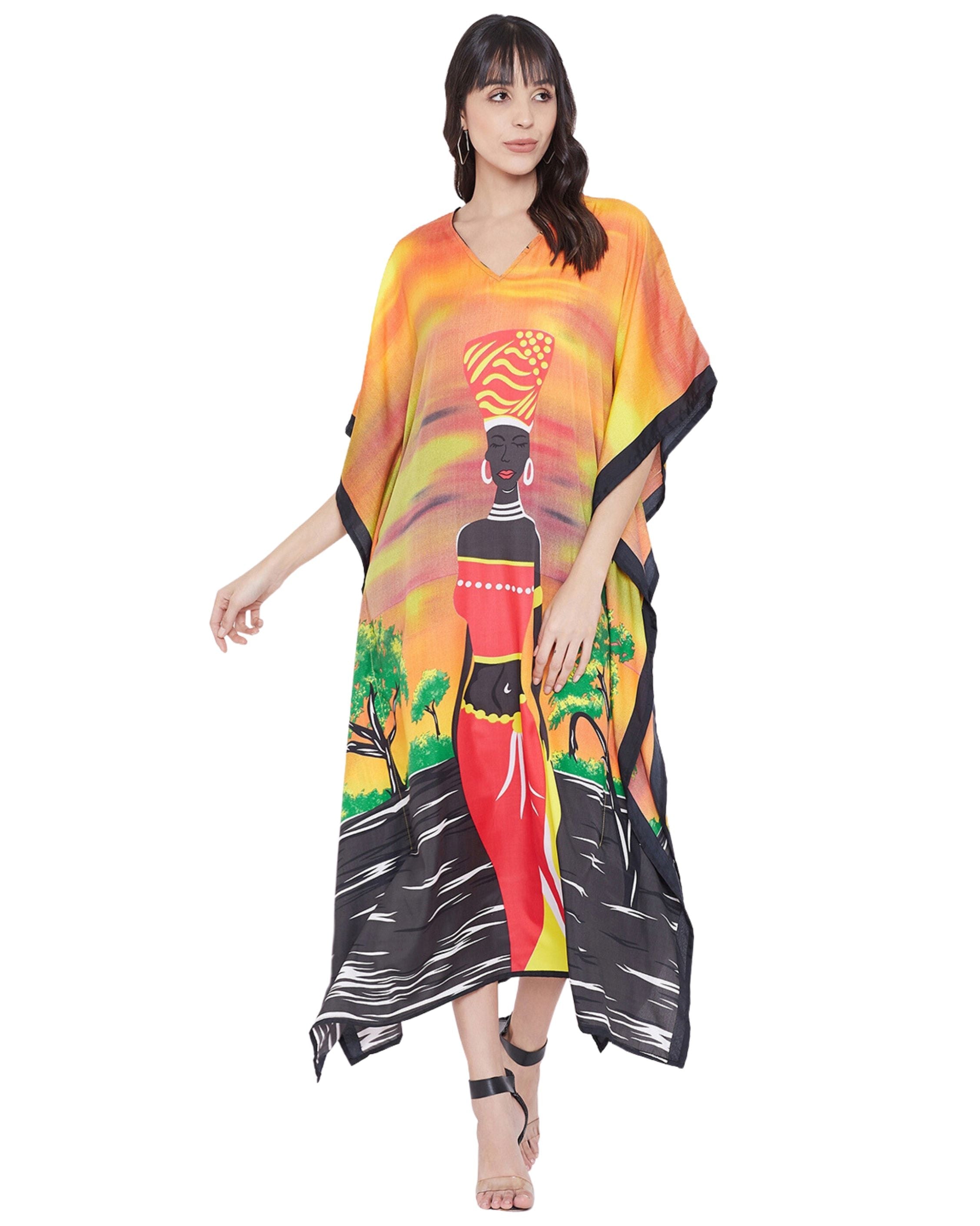 Tribal Printed Multicolor Polyester Kaftan Dress for Women