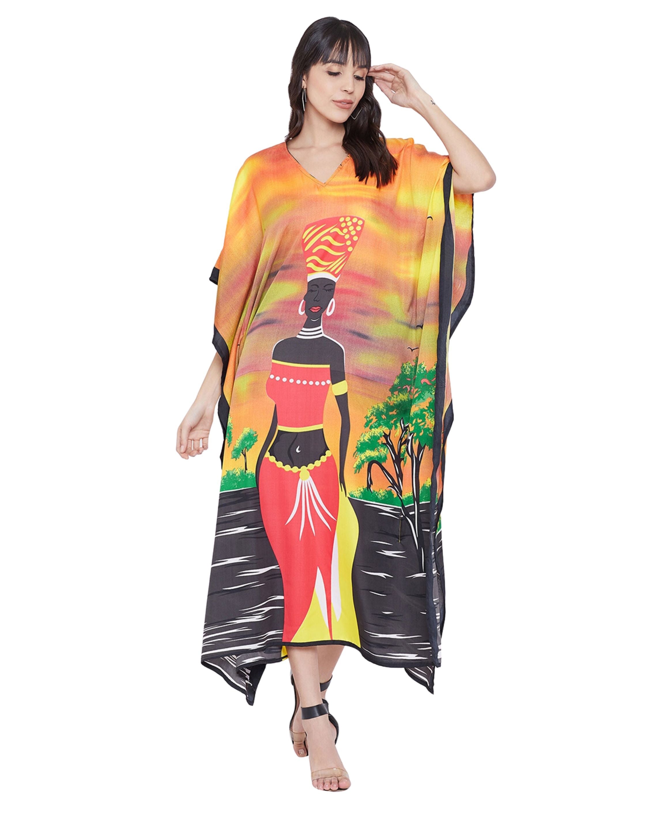 Polyester Kaftan For Plus Size Women Tribal Printed Multicolor