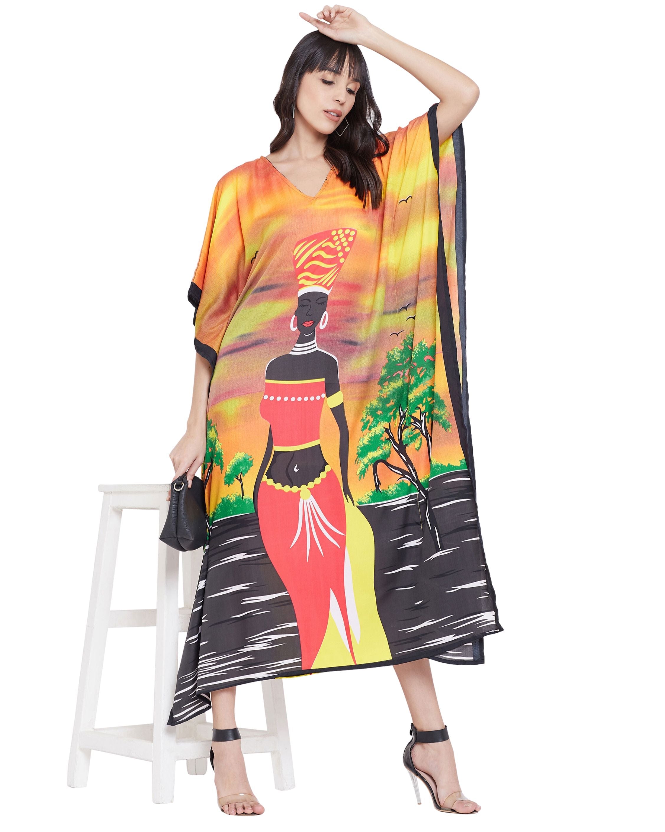 Polyester Kaftan For Plus Size Women Tribal Printed Multicolor