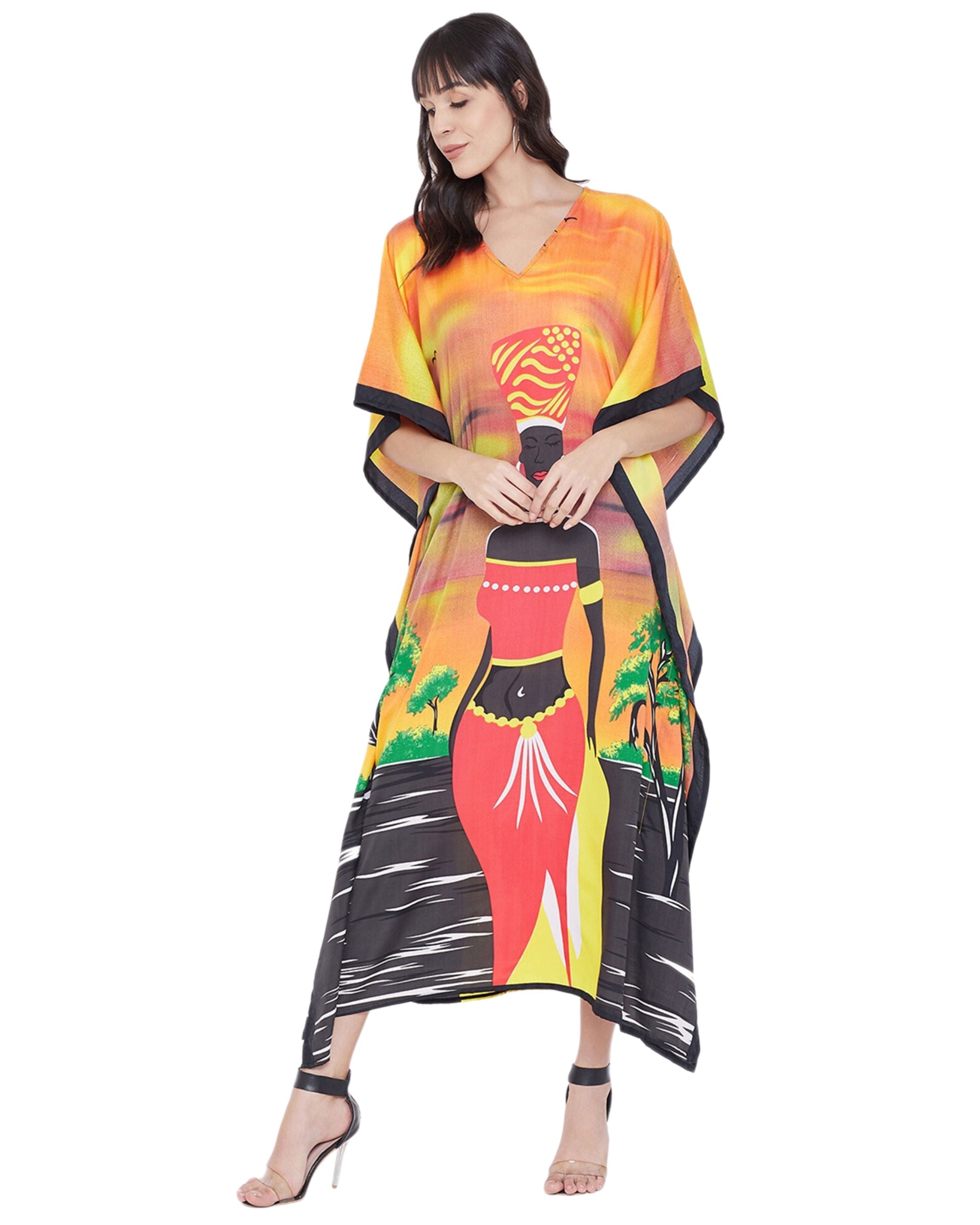 Polyester Kaftan For Plus Size Women Tribal Printed Multicolor