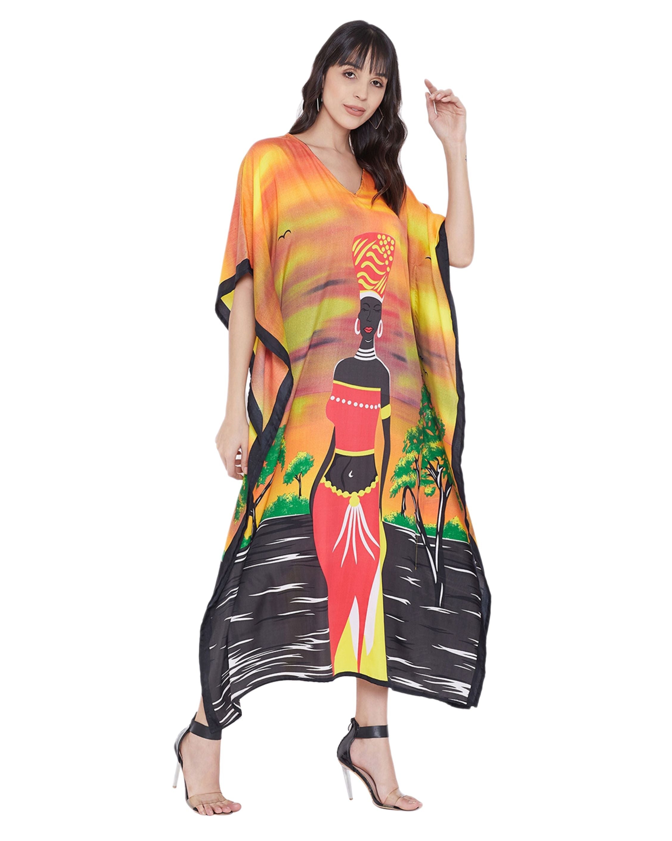 Polyester Kaftan For Plus Size Women Tribal Printed Multicolor