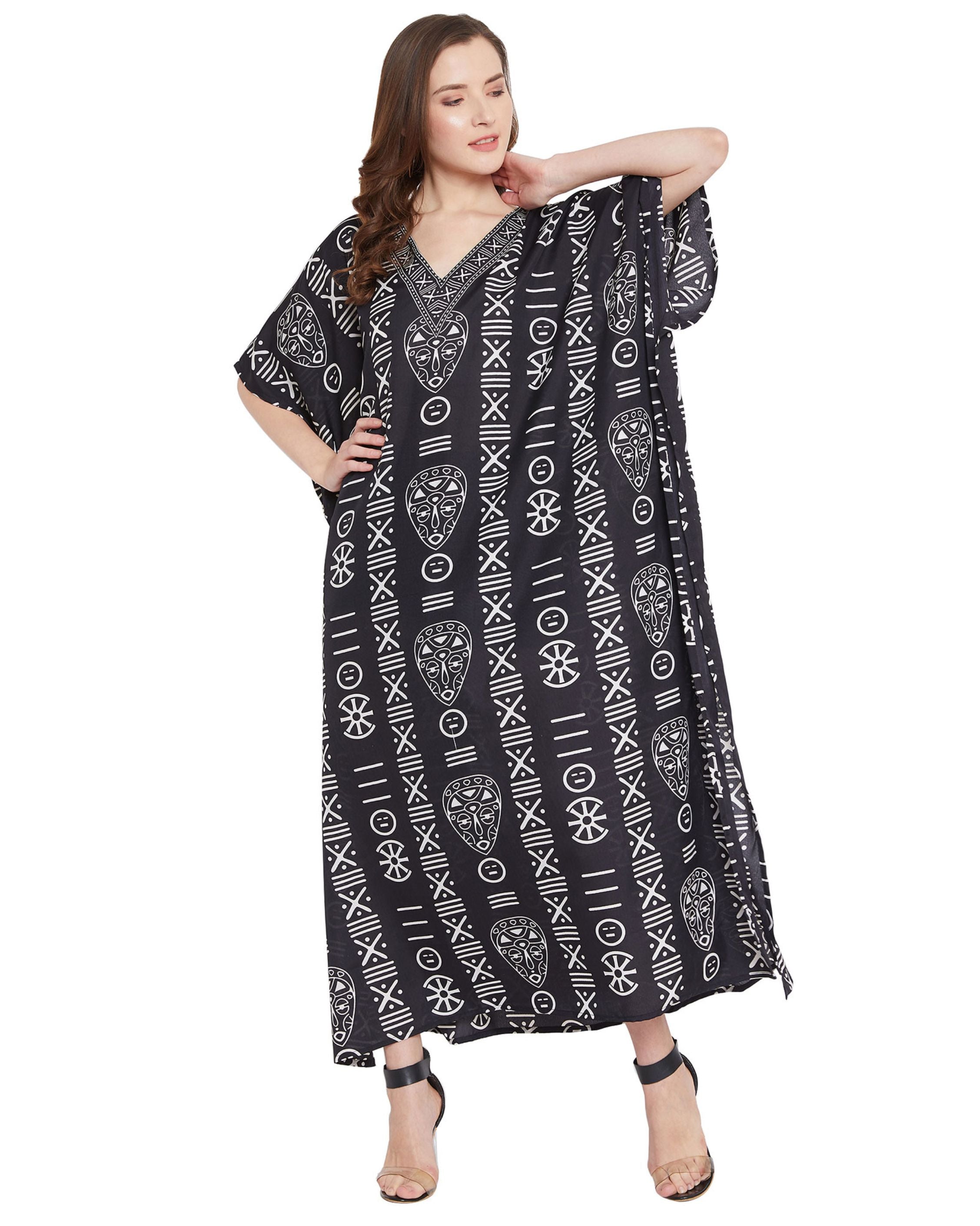 Tribal Printed Black Polyester Kaftan Dress for Women