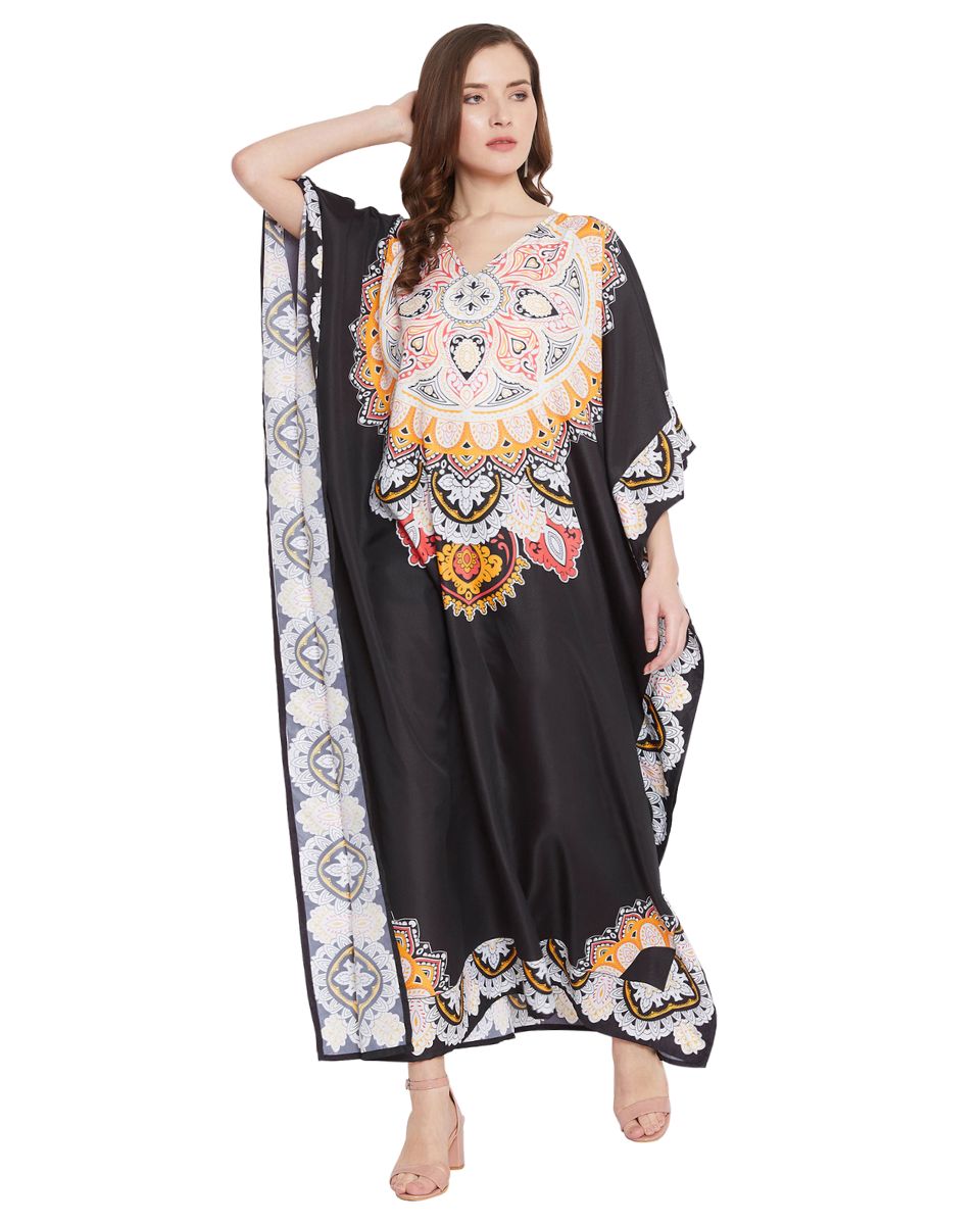 Paisley Printed Black Polyester Plus Size Kaftan Dress For Women