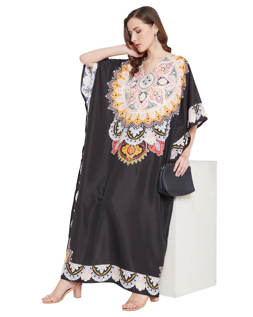 Paisley Printed Black Polyester Plus Size Kaftan Dress For Women