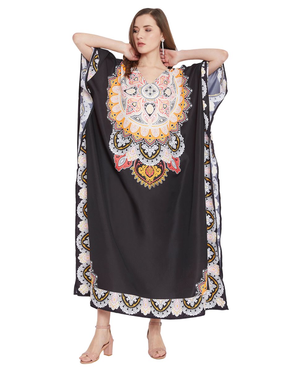 Paisley Printed Black Polyester Plus Size Kaftan Dress For Women