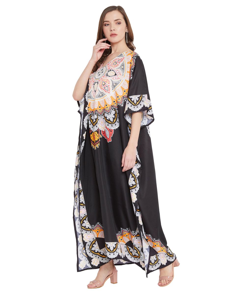 Paisley Printed Black Polyester Plus Size Kaftan Dress For Women