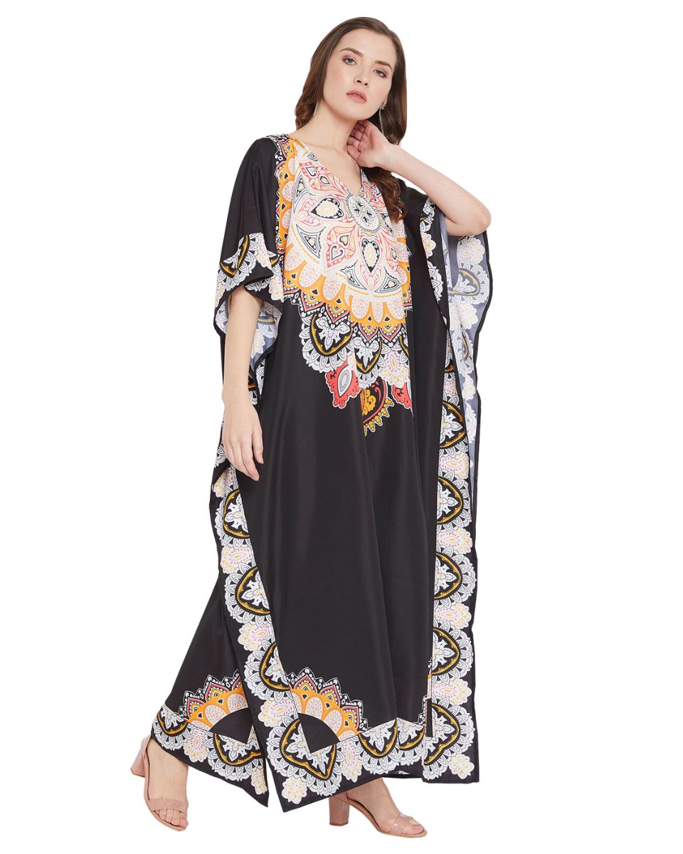 Paisley Printed Black Polyester Plus Size Kaftan Dress For Women