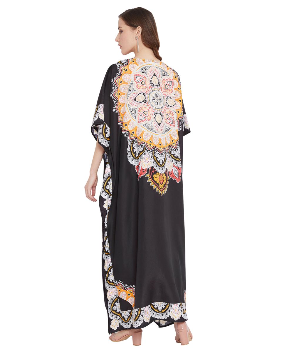 Paisley Printed Black Polyester Plus Size Kaftan Dress For Women