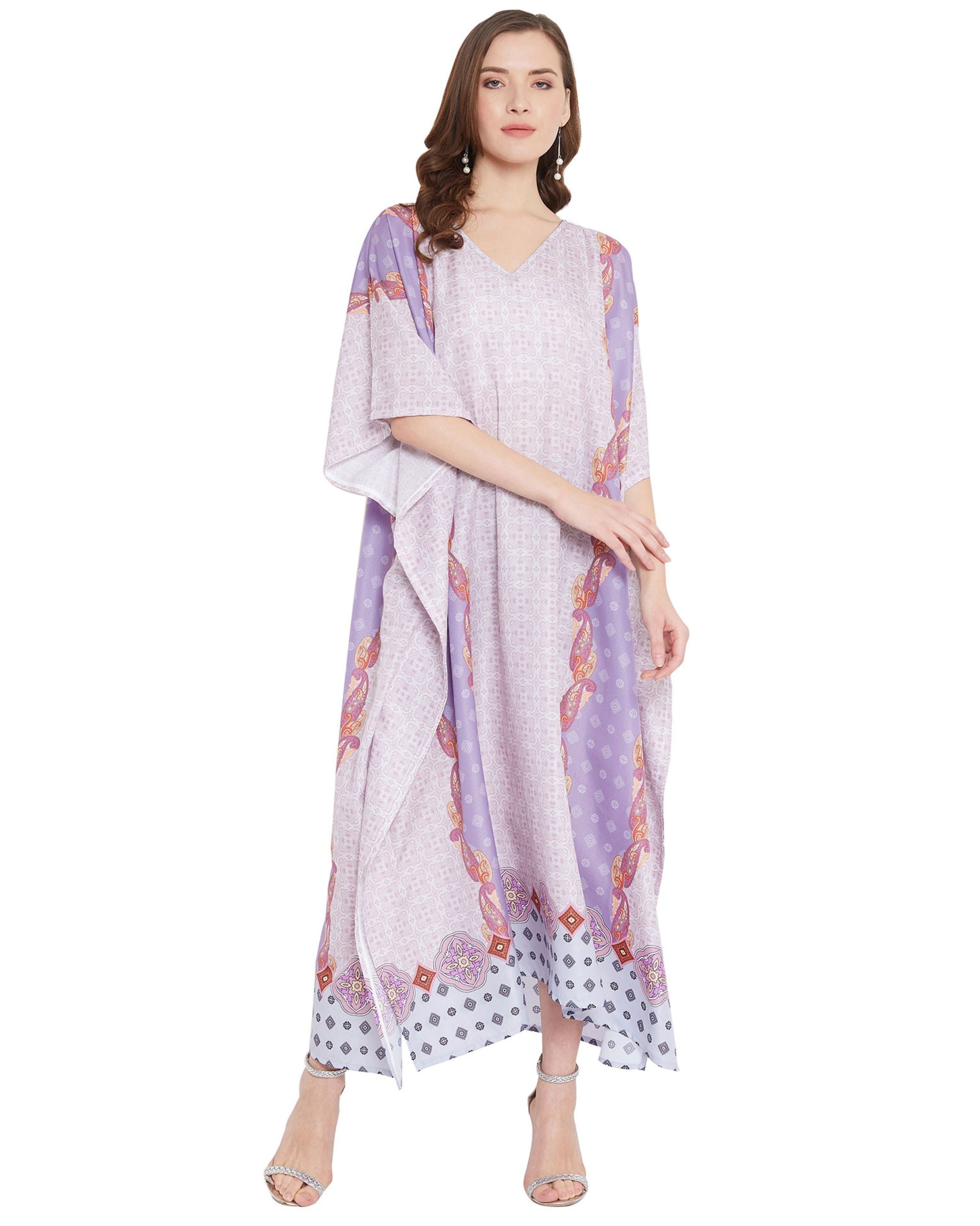 Paisley Printed Purple Polyester Plus Size Kaftan For Women