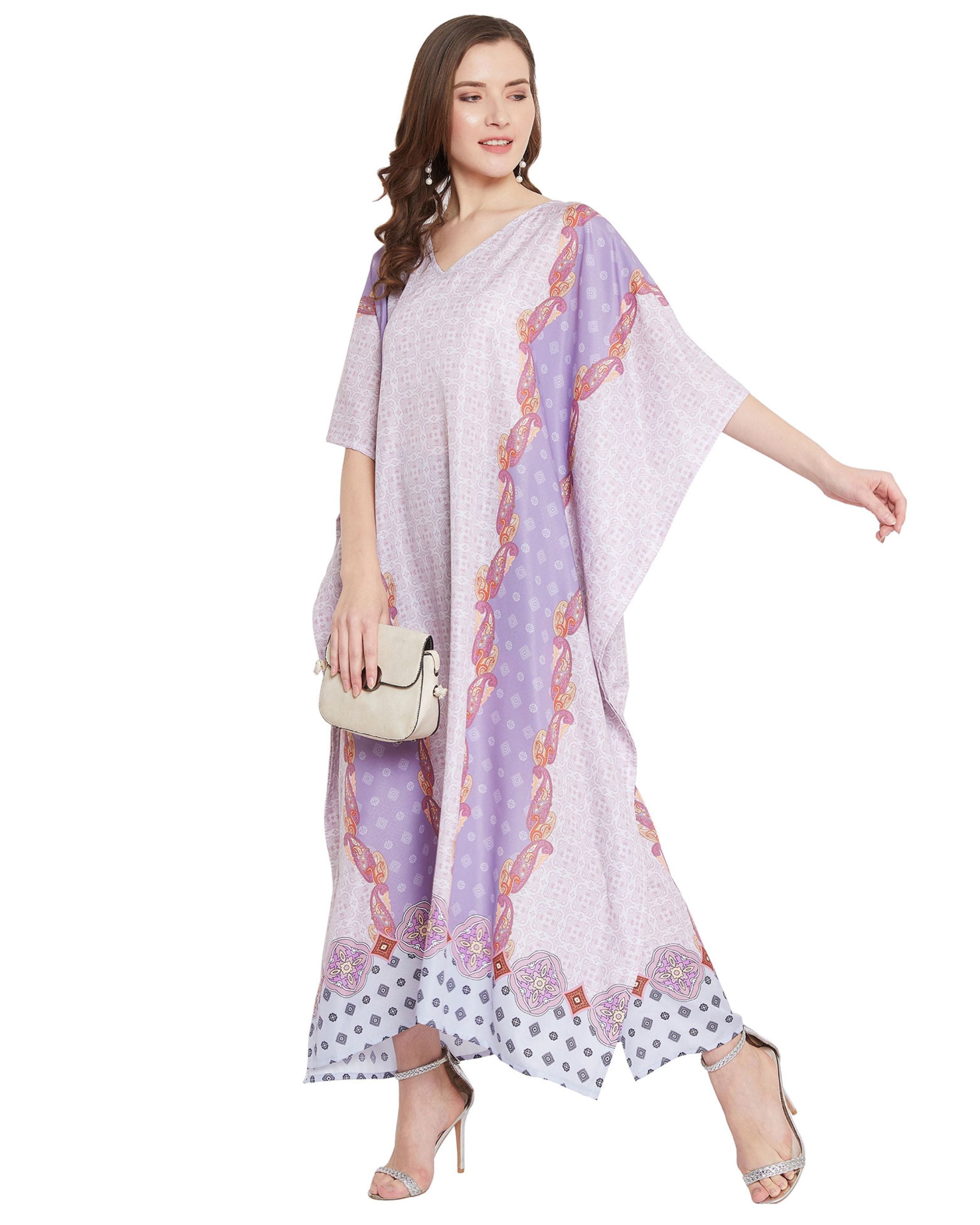 Paisley Printed Purple Polyester Plus Size Kaftan For Women