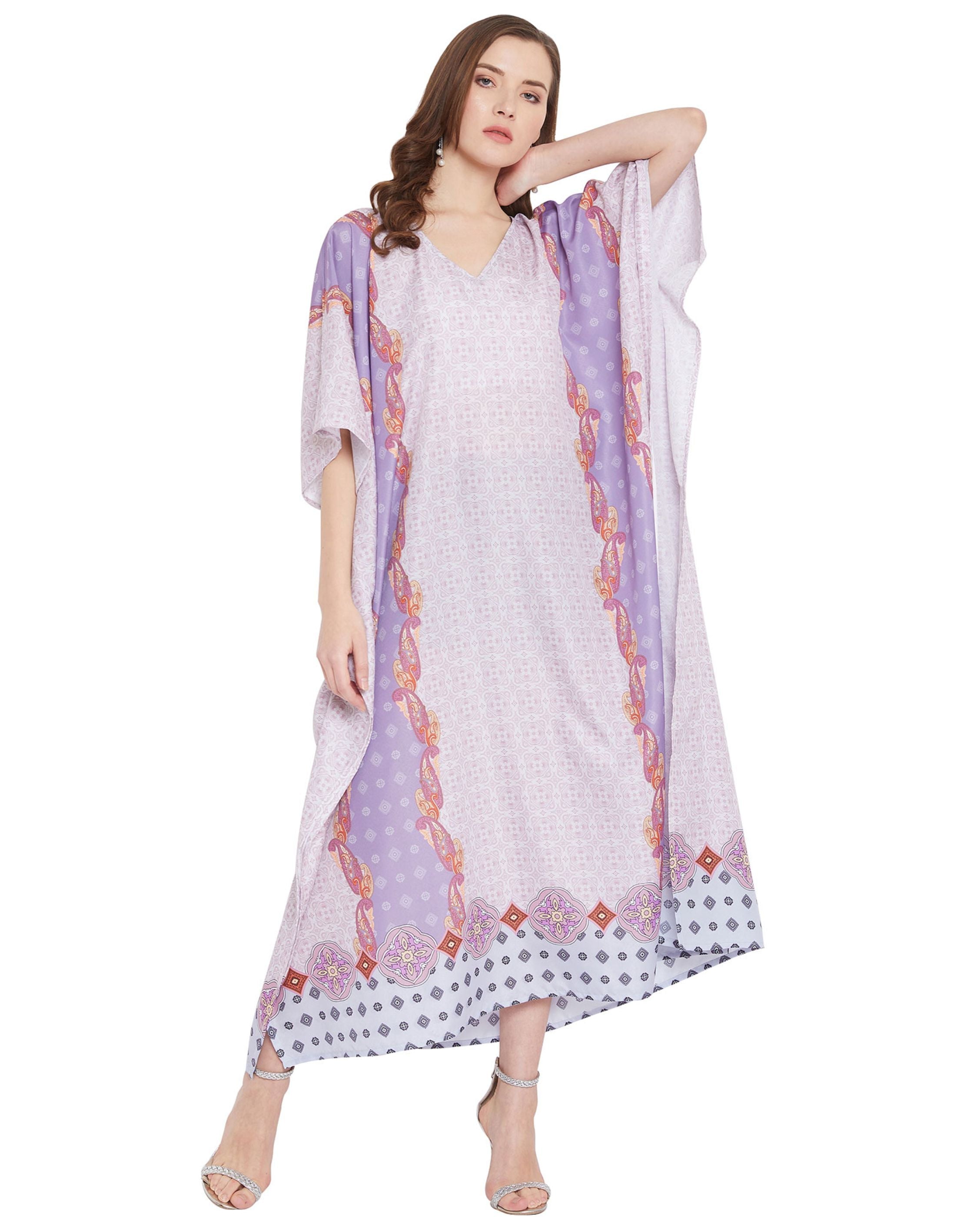 Paisley Printed Purple Polyester Plus Size Kaftan For Women