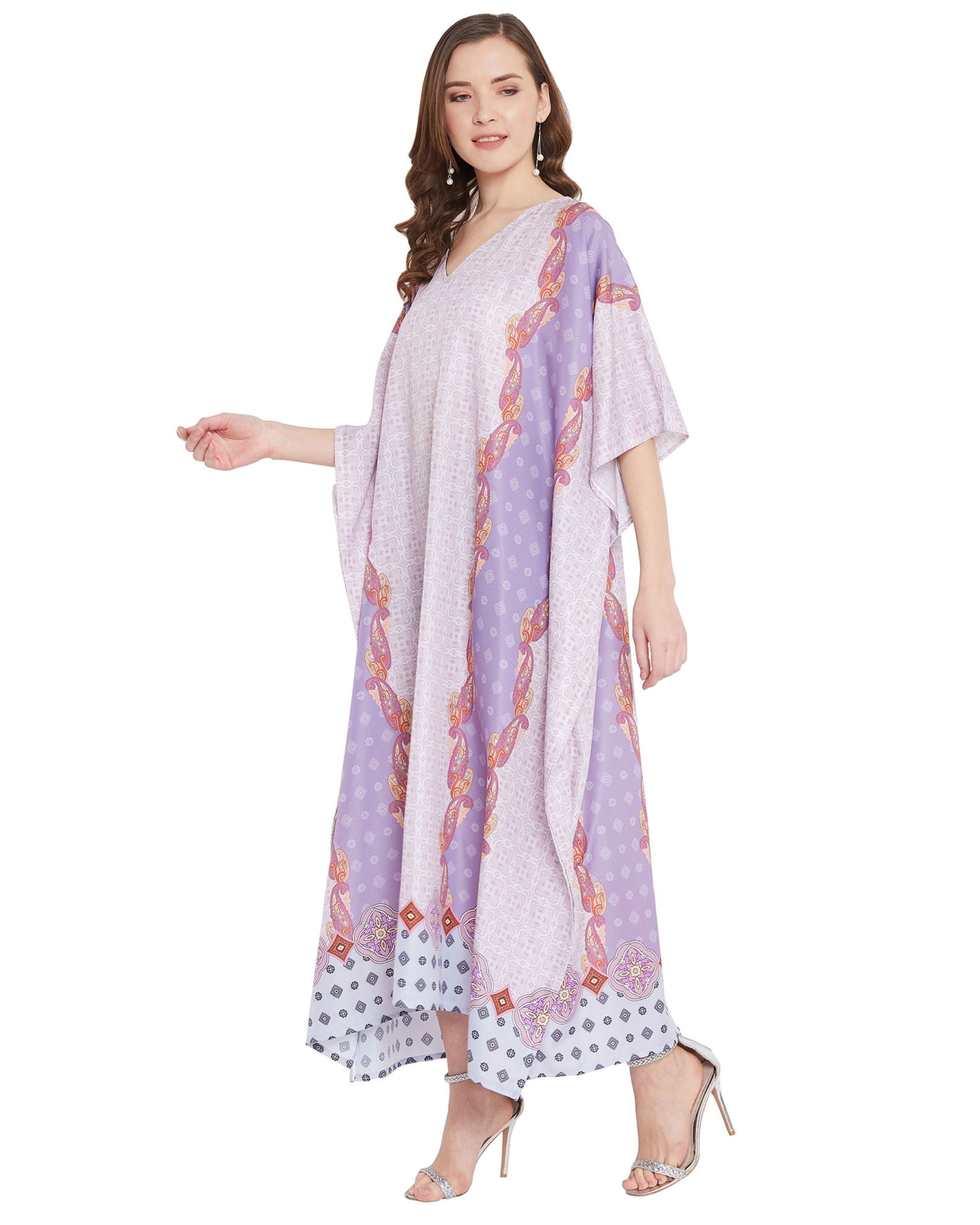 Paisley Printed Purple Polyester Plus Size Kaftan For Women